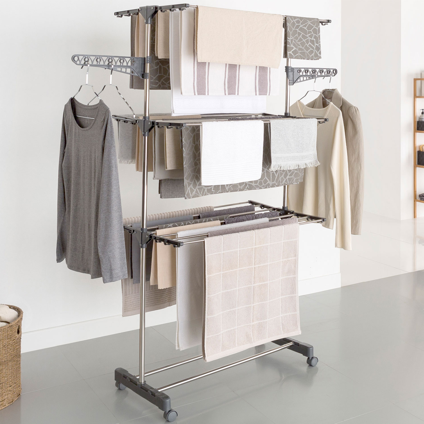 Séchoir à Linge Pliable 200 Cm - Acier Inoxydable, 20 Crochets Anti-vent, Support 64 Kg, Intérieur/extérieur