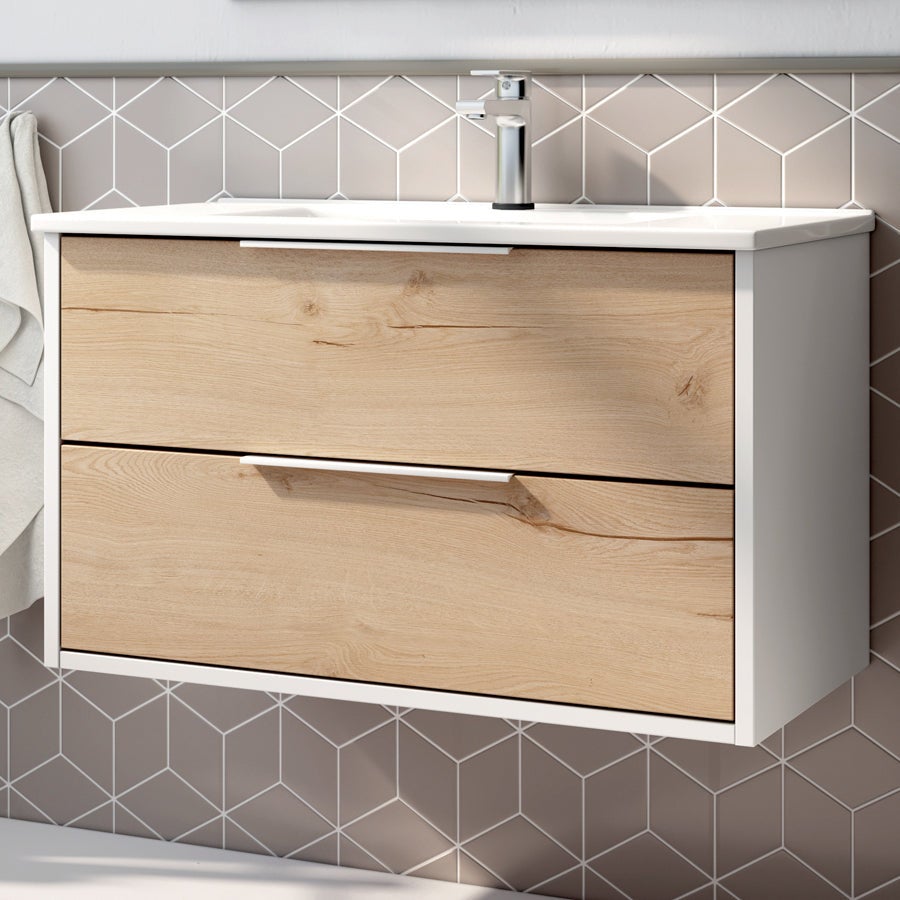 Meuble de salle de bain simple vasque - 2 tiroirs - ALBA et miroir rond SOLEN - blanc -80cm - 2