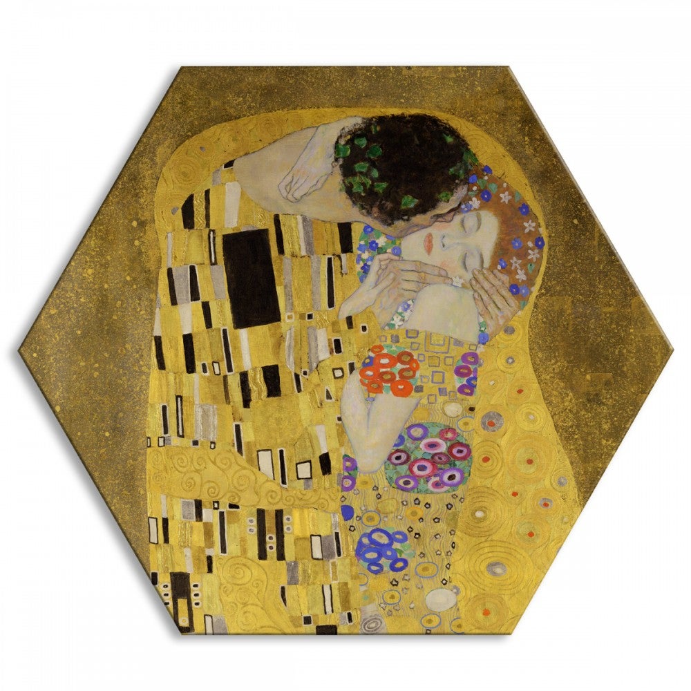 KLIMT - POCAŁUNEK - Płótno sześciokątne - Obraz wydrukowany na płótnie i oprawiony w ramę PCV o wymiarach 120x120 cm
