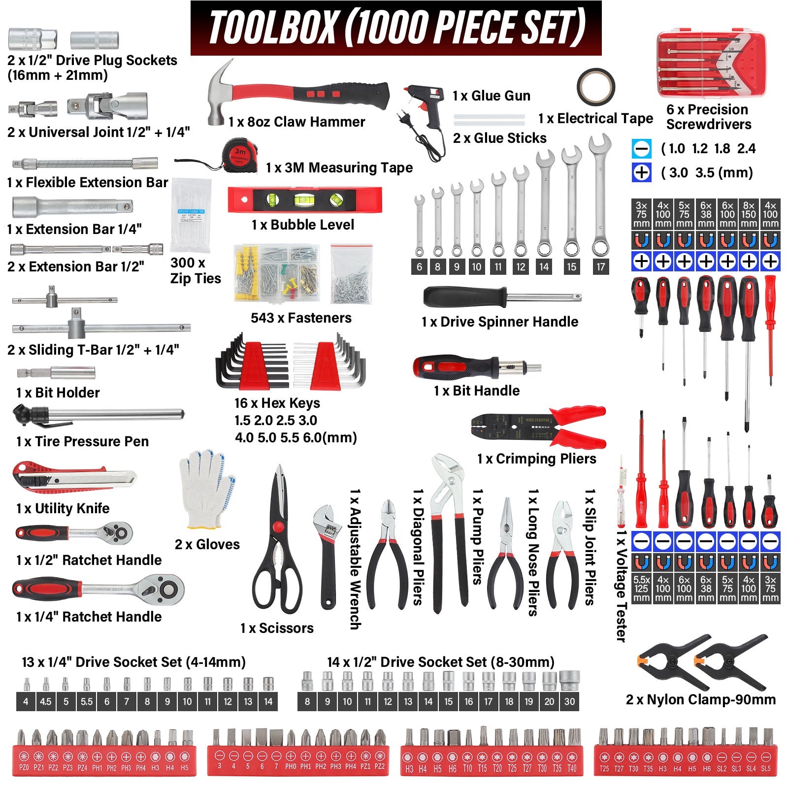 TEENO Coffret à Outils 1000 Pièces Professionnel - Valise Roulante Aluminium avec Poignée Télescopique et Outils Chrome Vanadium pour Mécanique - 7