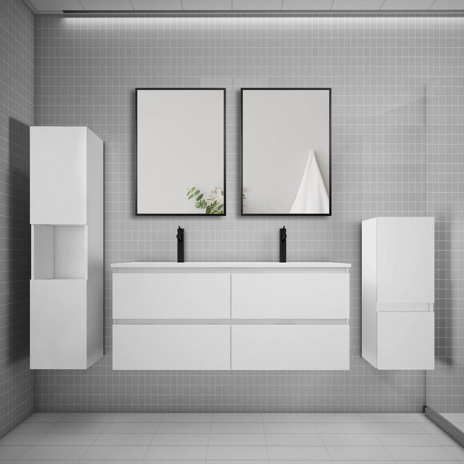 Ensemble Meuble Salle De Bain Vicco Aquis Blanc – Lavabo + Miroir + Placard – NEUF