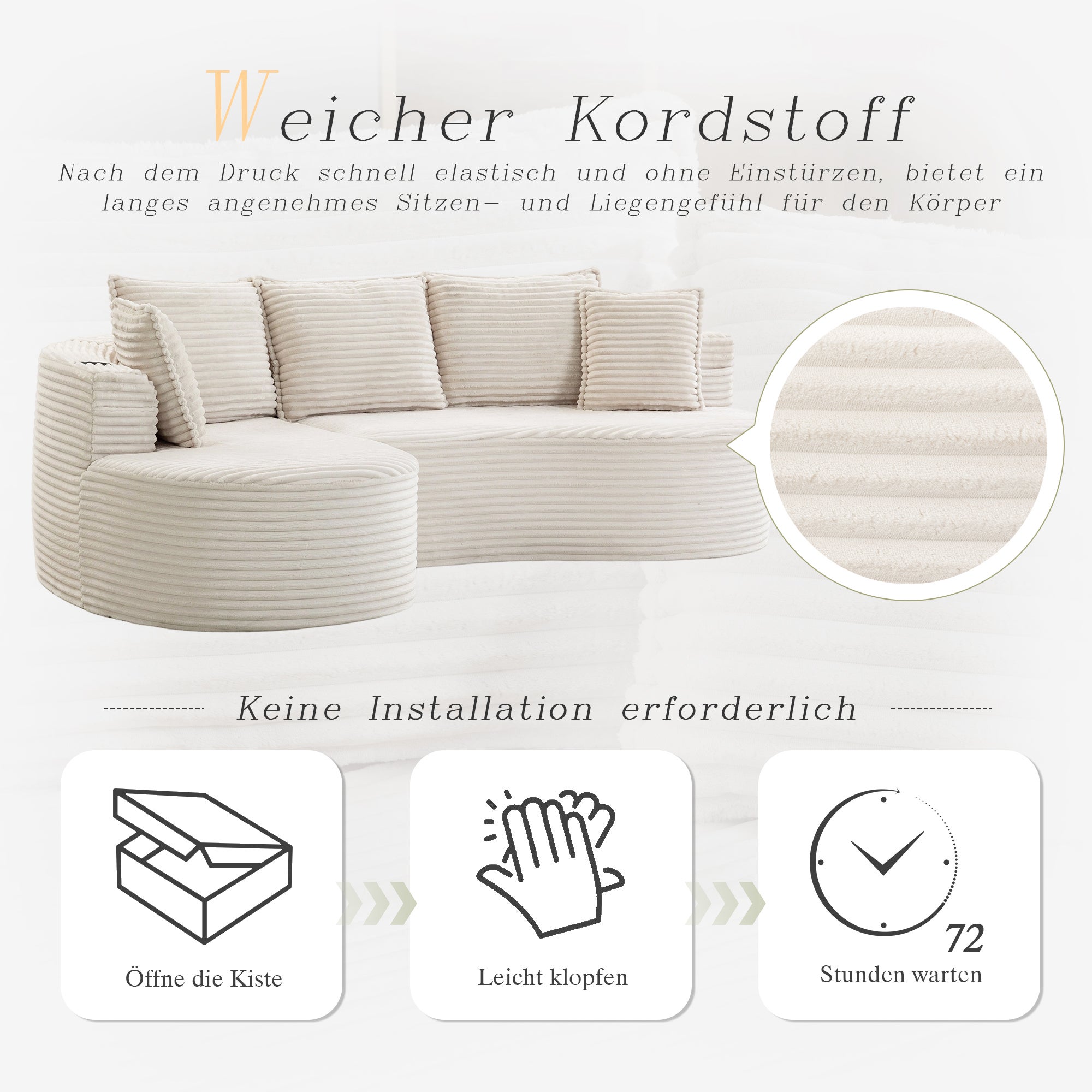Canapé incurvé en velours côtelé souple 250 x 152 x 82 cm Canapé 3-4 Places avec porte-gobelet, poche de rangement et Coussins Beige - 5