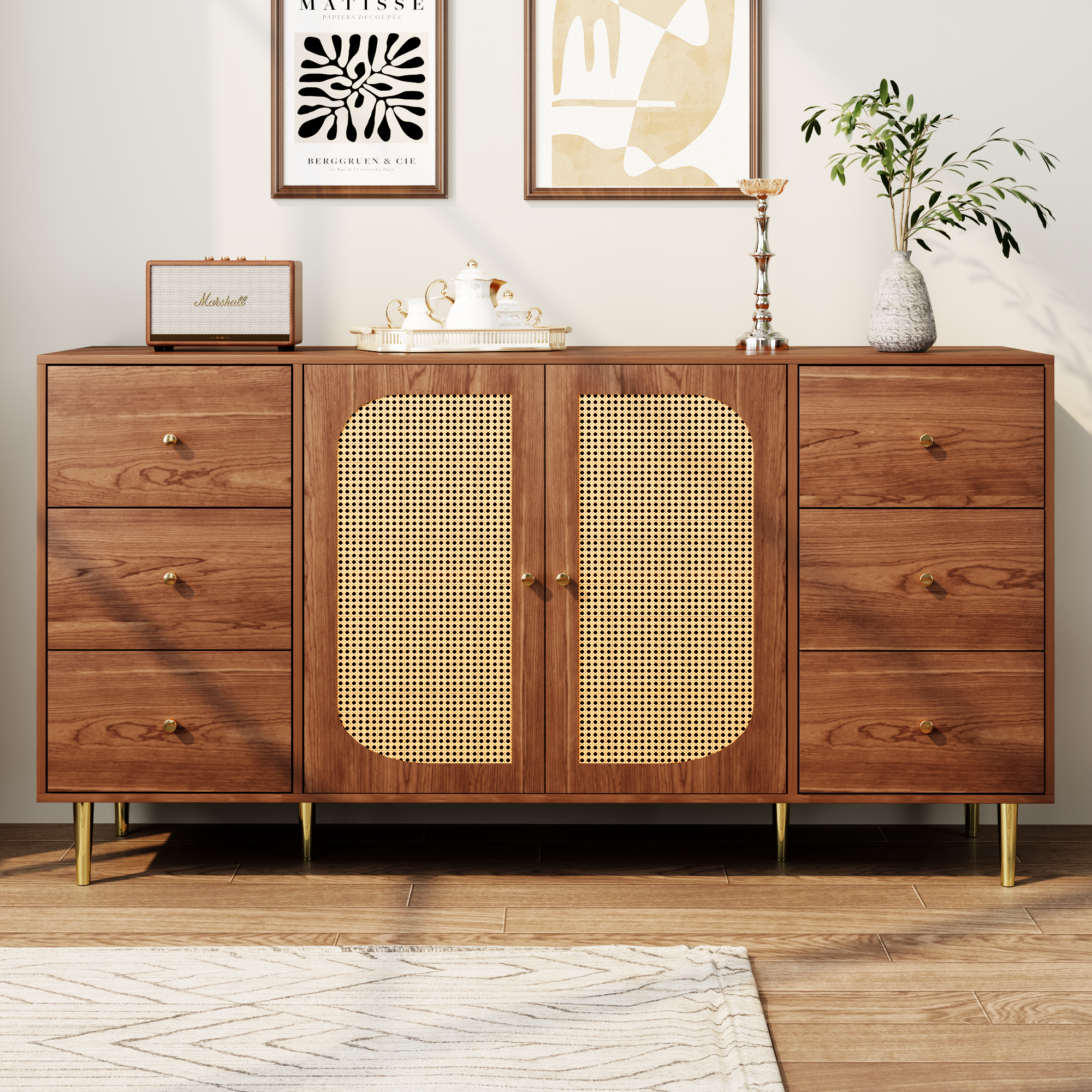 Buffet en rotin avec 6 tiroirs et 2 portes, MDF, 160 x 40 x 90 cm ...