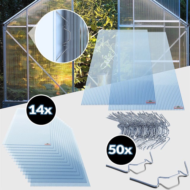GARDEBRUK® 14x Plaques de polycarbonate creux 4mm 121x60,5cm 50 clips vitrage serre de jardin 10,25m² résistant UV double paroi isolante alvéolaire
