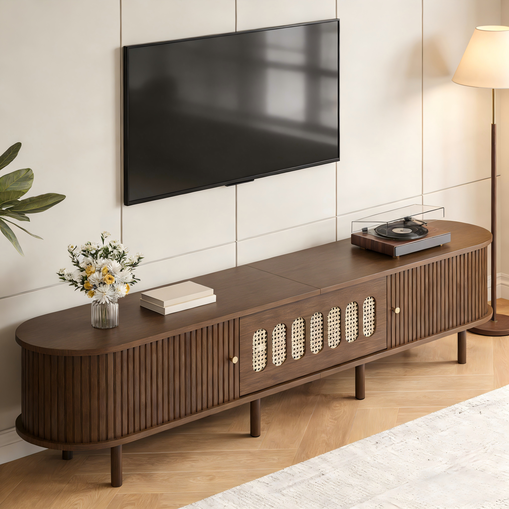 Meble TV 180x40x40 cm - Design z rattanu - 2 drzwi rolowane i 1 drzwi uchylne - MDF - Brązowy