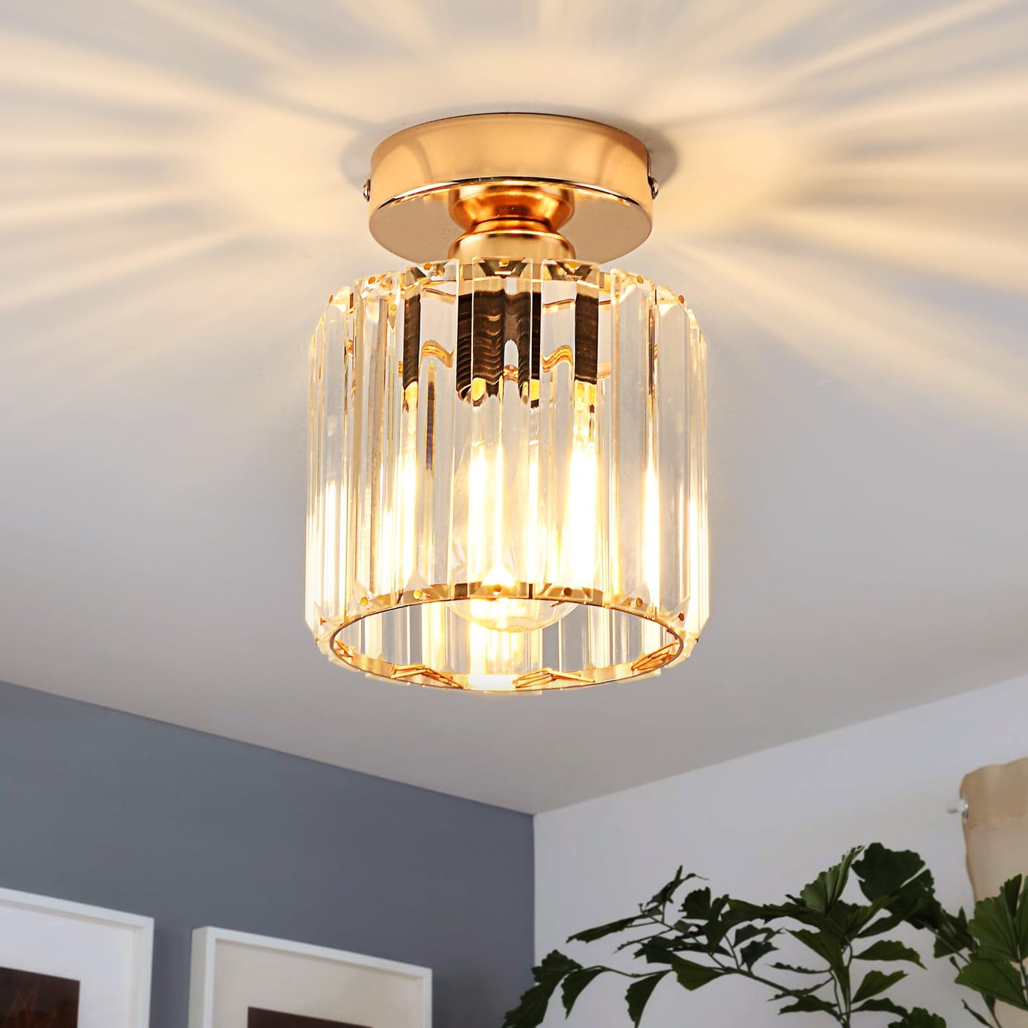 Przemysłowy plafon z kryształem w kolorze złotym, designerska lampa wisząca z metalu E27 Ø135mm, odpowiednia do korytarza, salonu