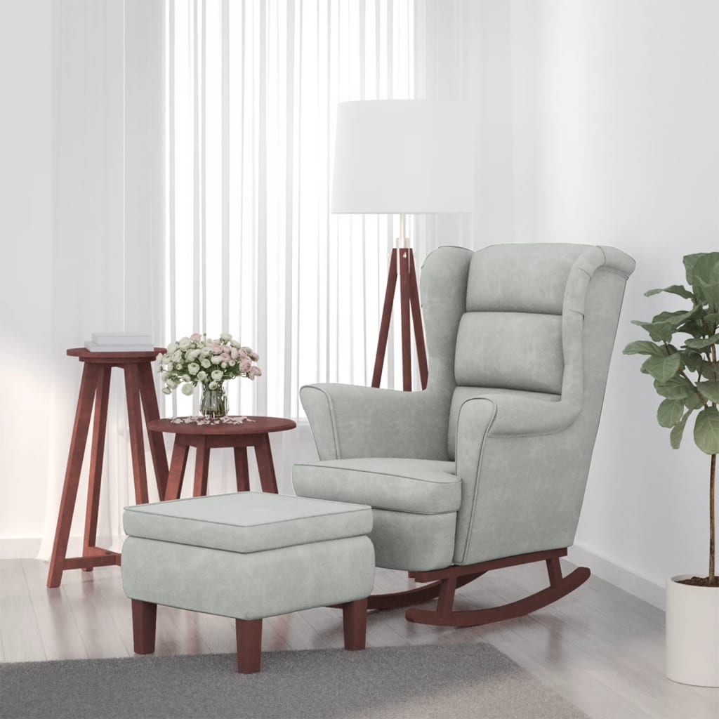 Sillón de salón | silla | sillón mecedora | sillón balancín relax patas madera y taburete terciopelo gris claro cfw281599