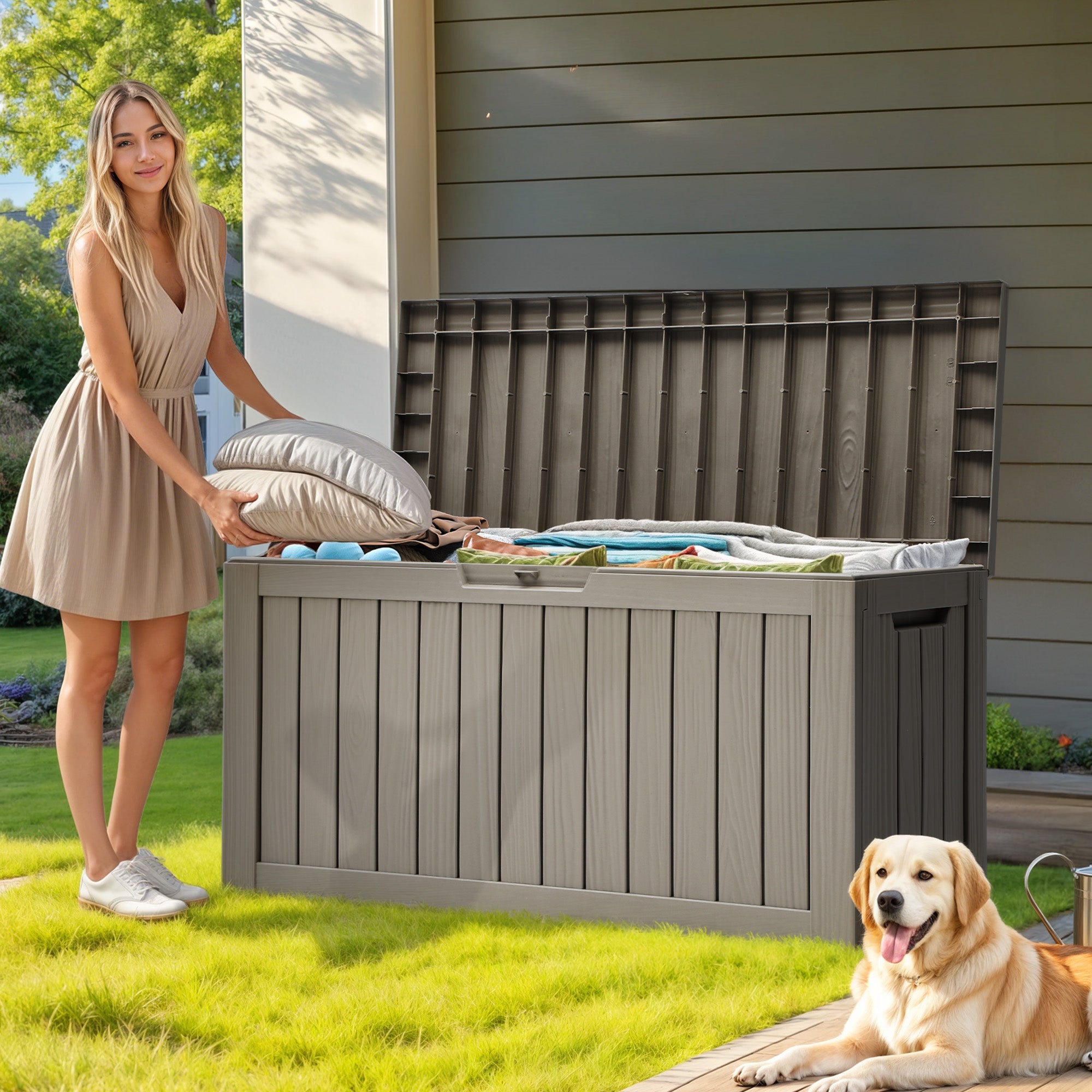 YITAHOME Caja de Almacenamiento Exterior con Ruedas-Caja de Cubierta de Plástico 270L-117 x 53.5 x 55 cm-Marrón Claro - 4