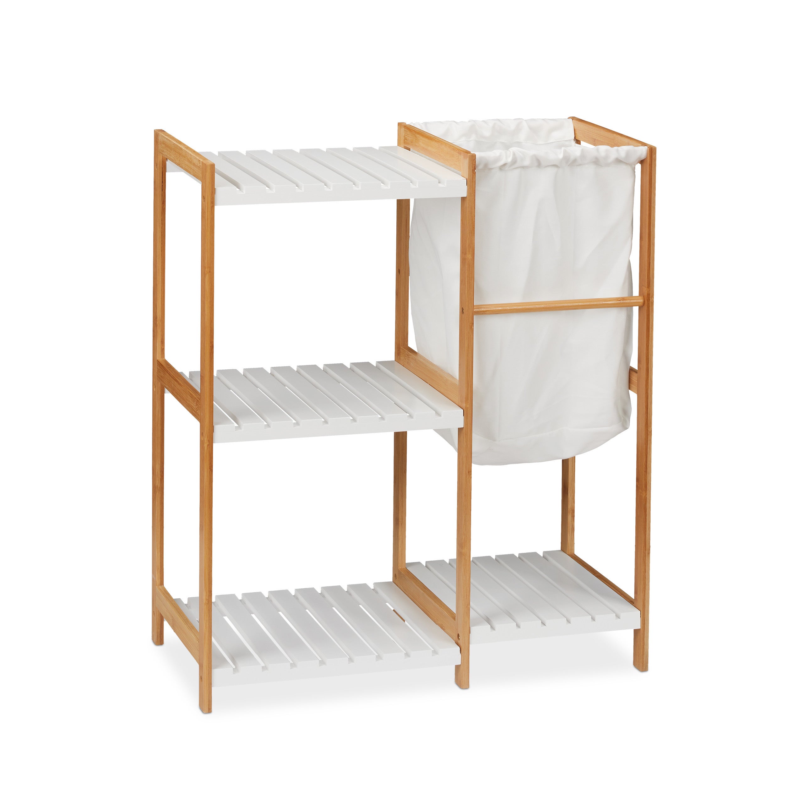 étagère de salle de bain avec panier à linge, autonome, Bambou et MDF, 76x65,5x33 cm, naturel/blanc, Relaxdays - 9