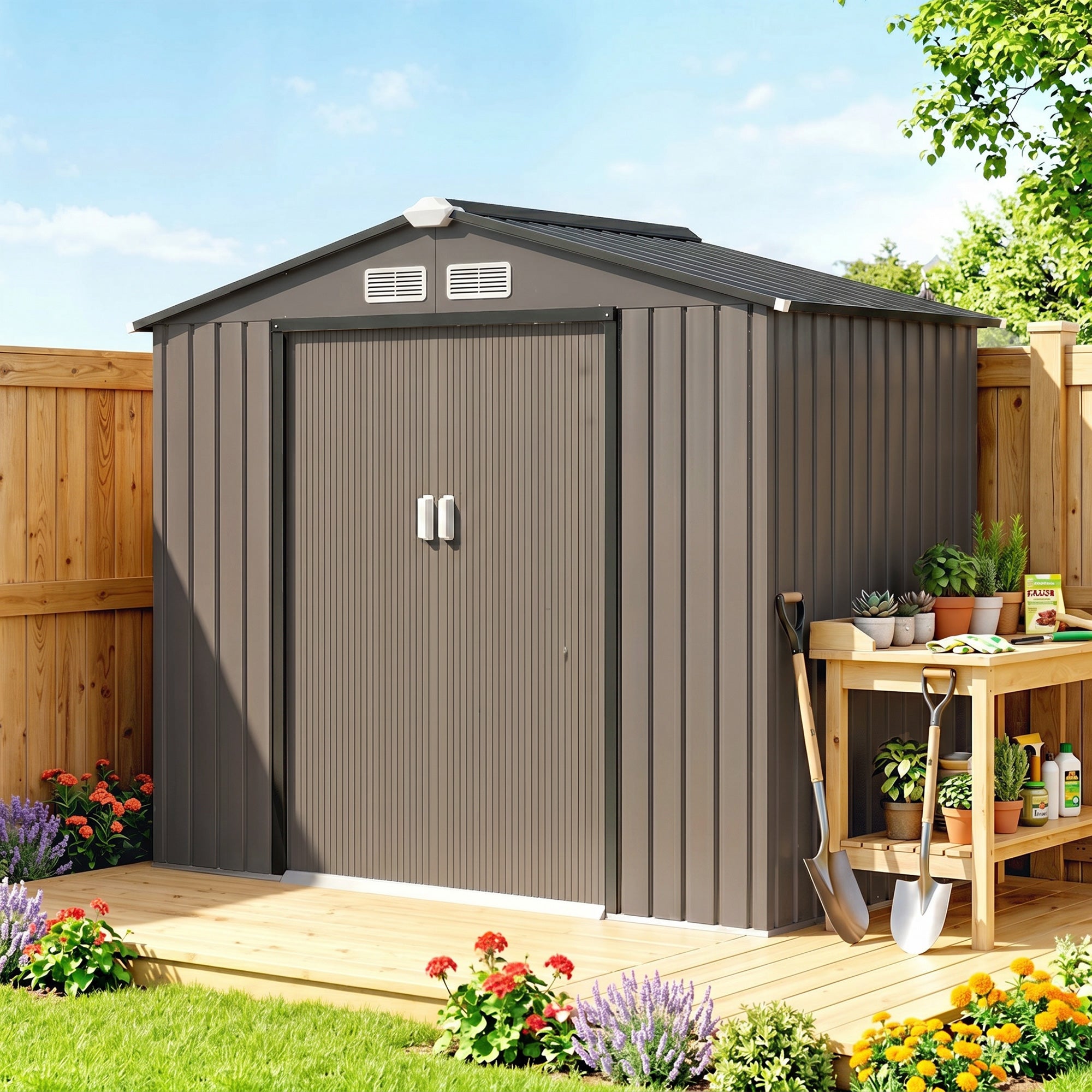 Cobertizo de Jardín Outsunny Acero Galvanizado Marrón 213x130x185 cm - 2