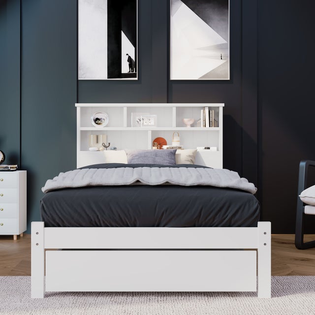 Letto singolo in legno massiccio con cassetti - Rete a doghe e libreria - Letto per ragazzi e adulti - 90 X 200 cm - Bianco