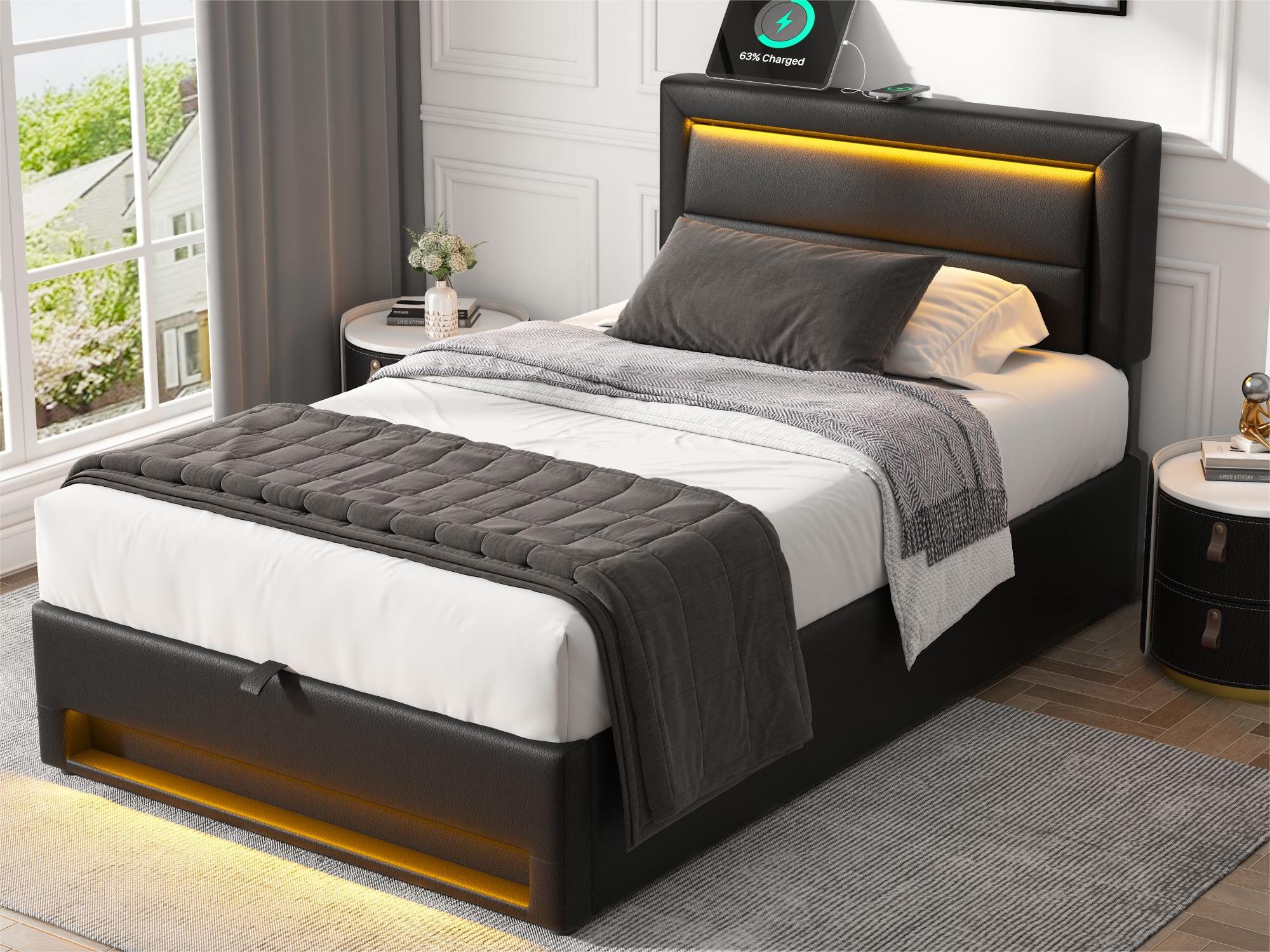 Łóżko skrzyniowe ze sztucznej skóry 90x200 cm z diodą LED - z portami do ładowania (przewodowego i bezprzewodowego) - Czarne