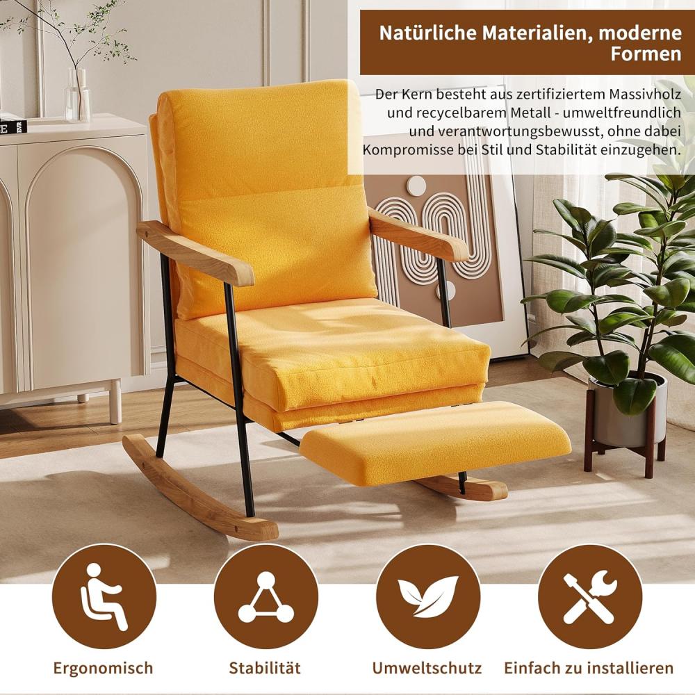 Fauteuil à bascule avec repose-pieds extensible, inclinable, dossier réglable, salon/chambre, marron/jaune - 7