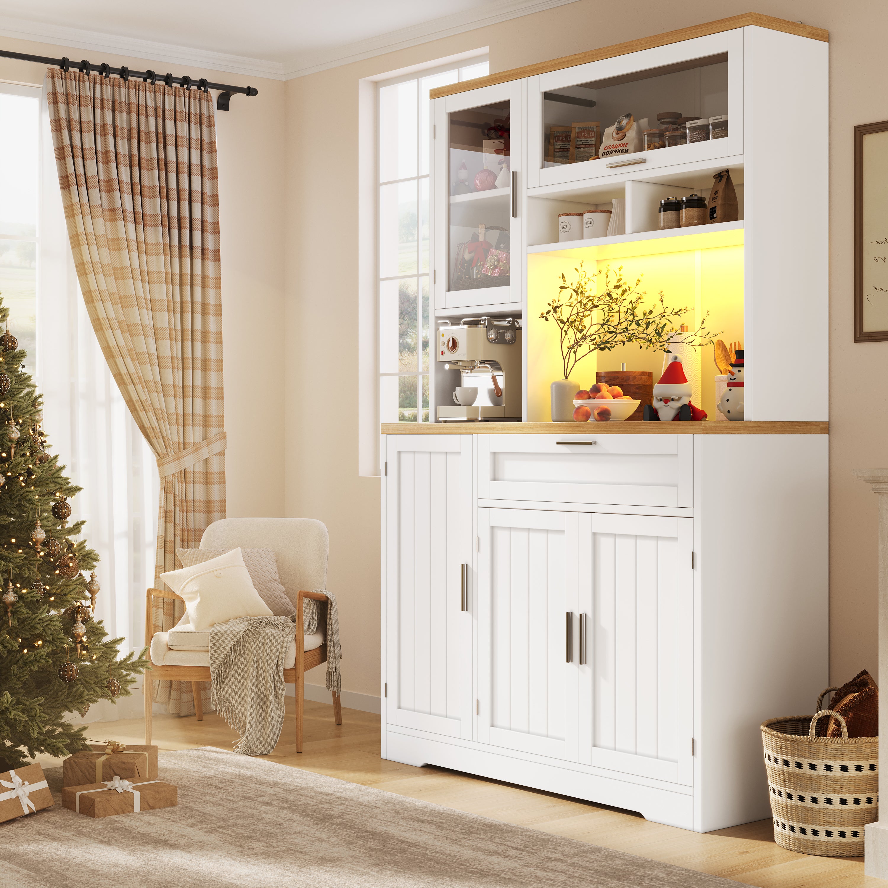Buffet haut vaisselier de cuisine 104x40x180cm avec éclairage LED intégré, vitrine de rangement moderne pour salon, grande capacité, Blanc - 4