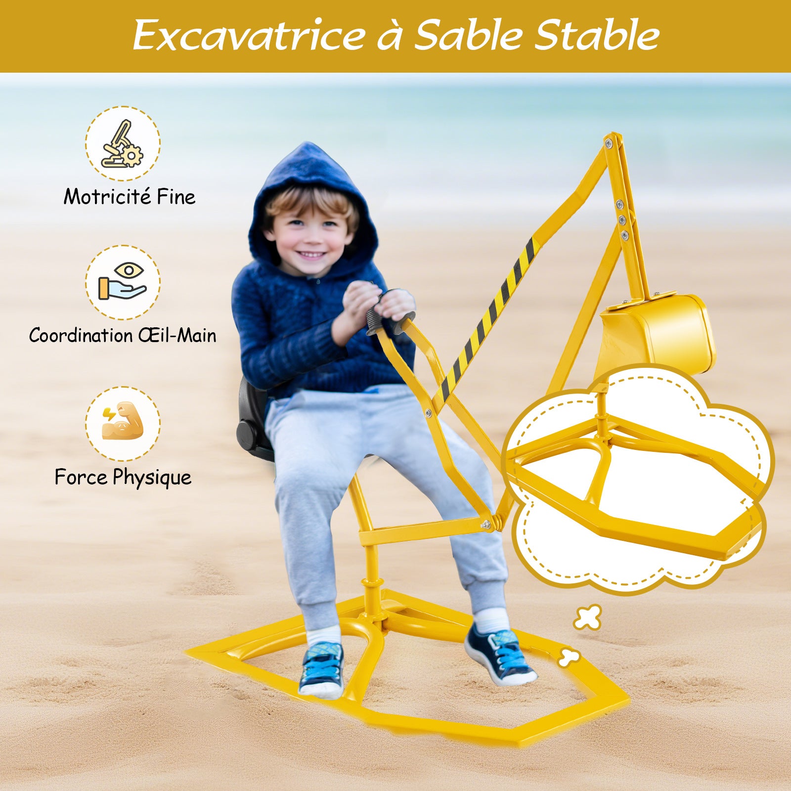 Pelleteuse Enfant avec Siège Pivotant à 360°& Pelle, Tractopelle pour Bac à Sable avec Base Hexagonale, pour Sable Terre Neige, 3 Ans+, Jaune - 7