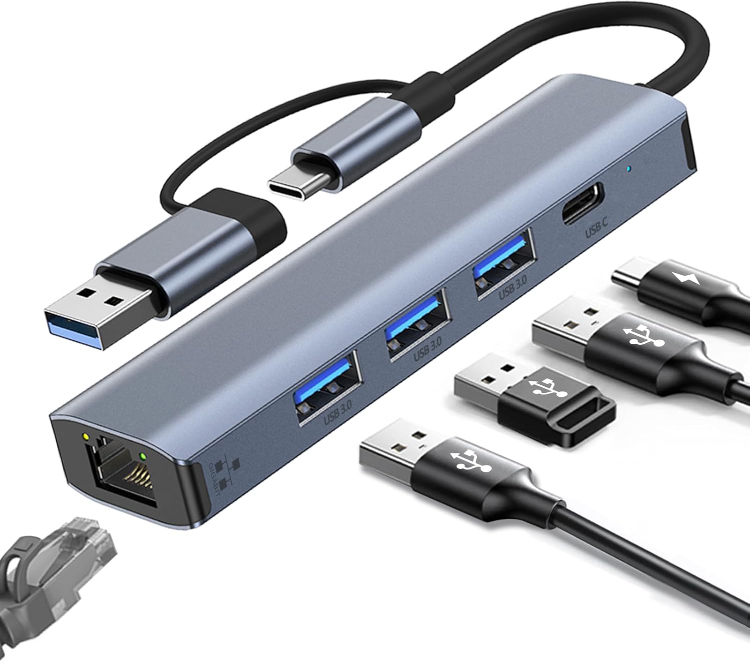 Adapter USB-C do RJ45 Gigabit Ethernet - 3 porty USB 3.0, adapter sieciowy kompatybilny z systemami Windows, MAC, Linux i Chromebook