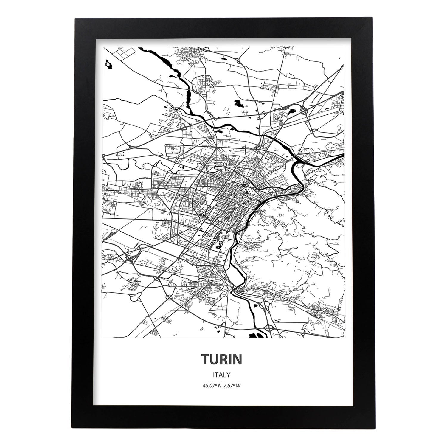 Poster con mapa de turin italia. láminas de ciudades de italia con mares y rios en color negro. sin marco - a3