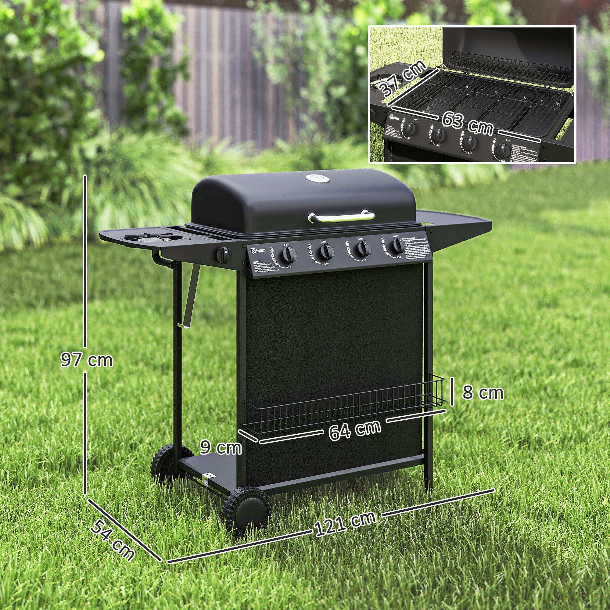 Outsunny Barbecue a Gas con 4+1 Bruciatori Indipendenti e Coperchio con Termometro, 121x54x97 cm, Nero - 3