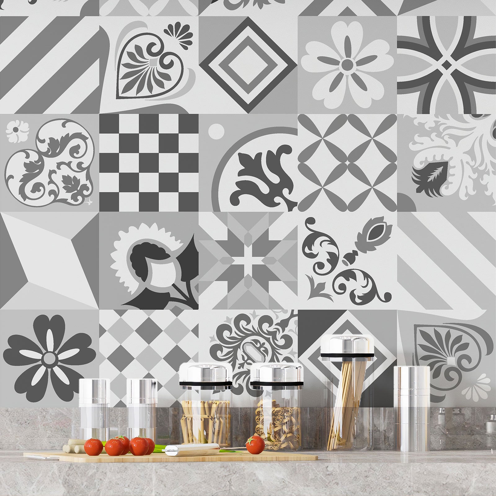 Crédence adhésive sticker décoratif pour cuisine - Effet carreaux de ciment - Adhésif + Protection BRILLANTE - 50x50 cm - 4