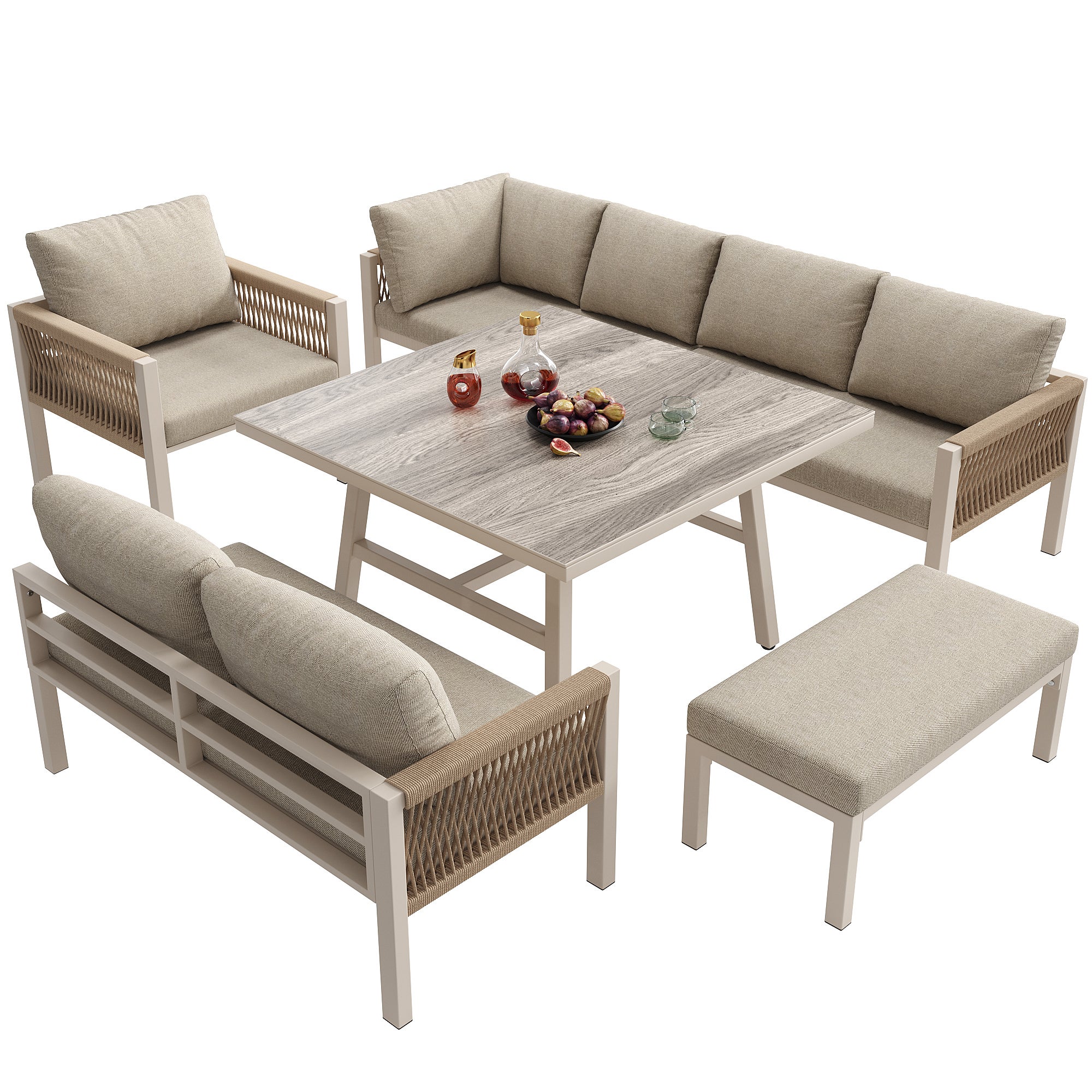 Canapé de jardin en forme de L, jusqu'à 8 personnes, armature en fer avec revêtement, résistant aux intempéries, beige - 7