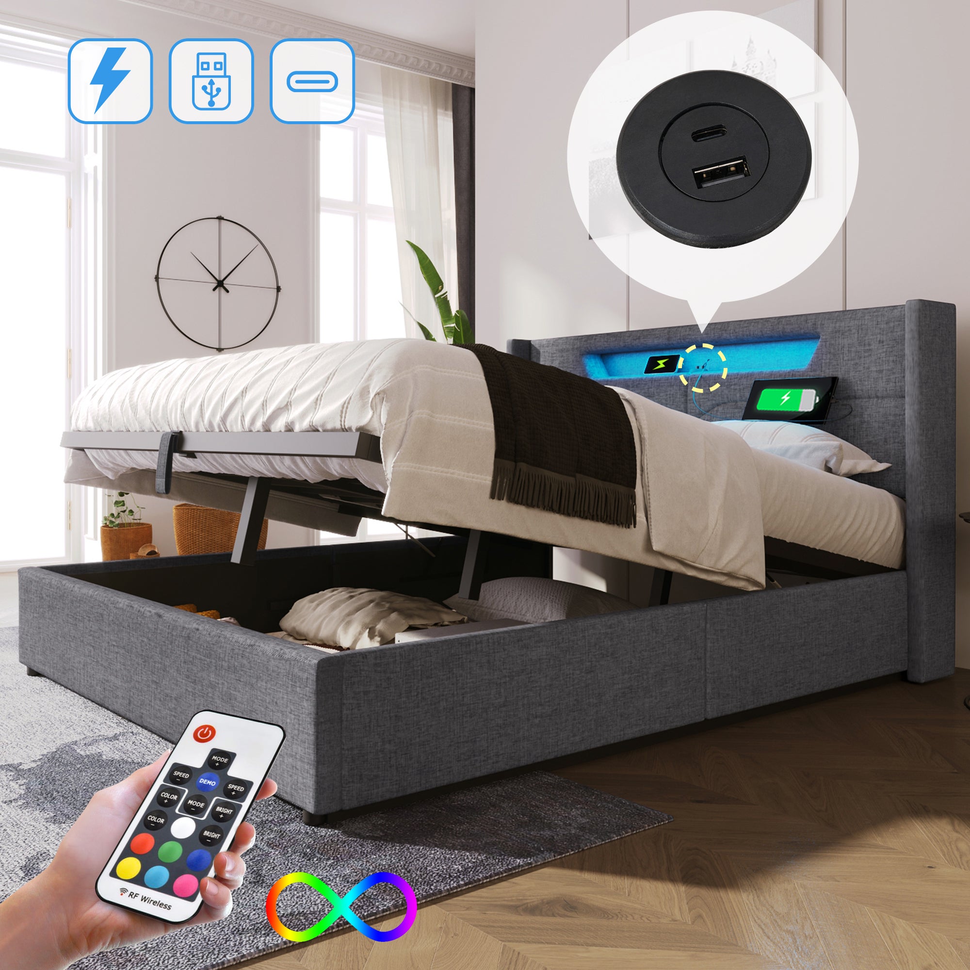 Cama arcón doble, lino, carga USB tipo C e iluminación LED, (140 x 200 cm, gris, sin colchón) - 2