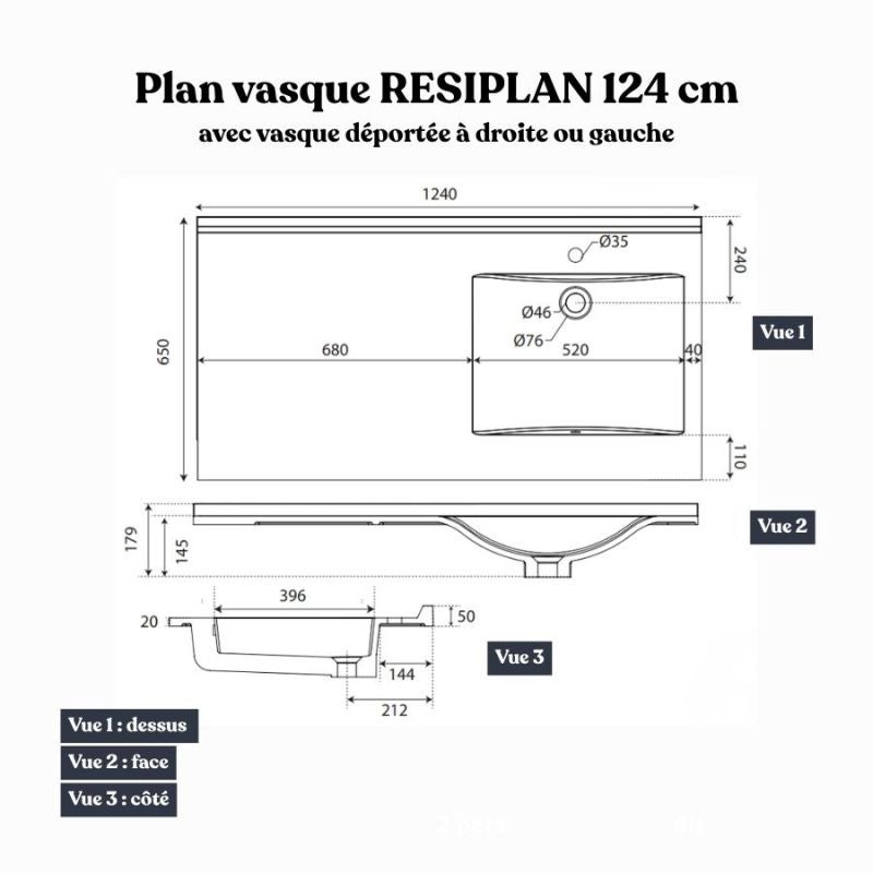 Plan vasque RESIPLAN - 124 cm avec vasque déportée à droite - 3