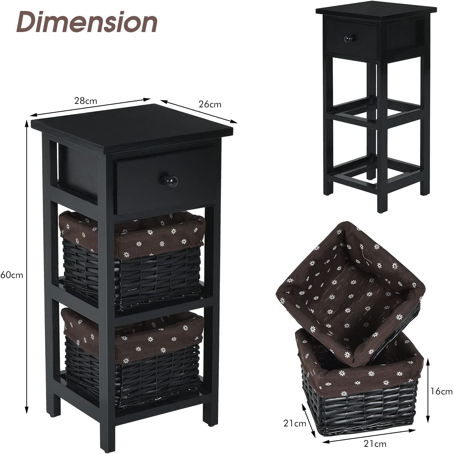 Comodino Camera da Letto in Legno, Tavolino per Divano, Comò Moderno, Ideale per Camera da Letto, 28 x 26 x 60 cm (Nero) - 5