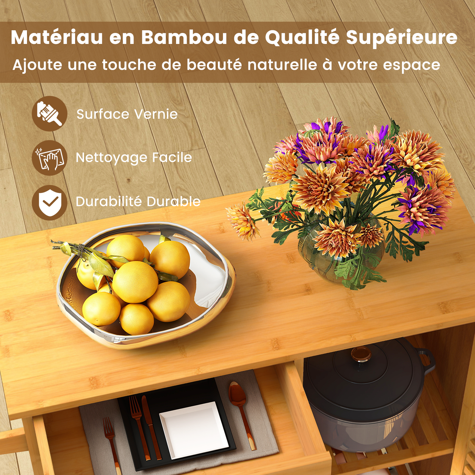 Desserte de Cuisine Roulant en Bambou avec Tiroir, 3 Étagères Ouvertes, 1 Armoire à Porte, Porte-serviettes, Roulettes Verrouillables, 91 x 44 x 89 cm - 4