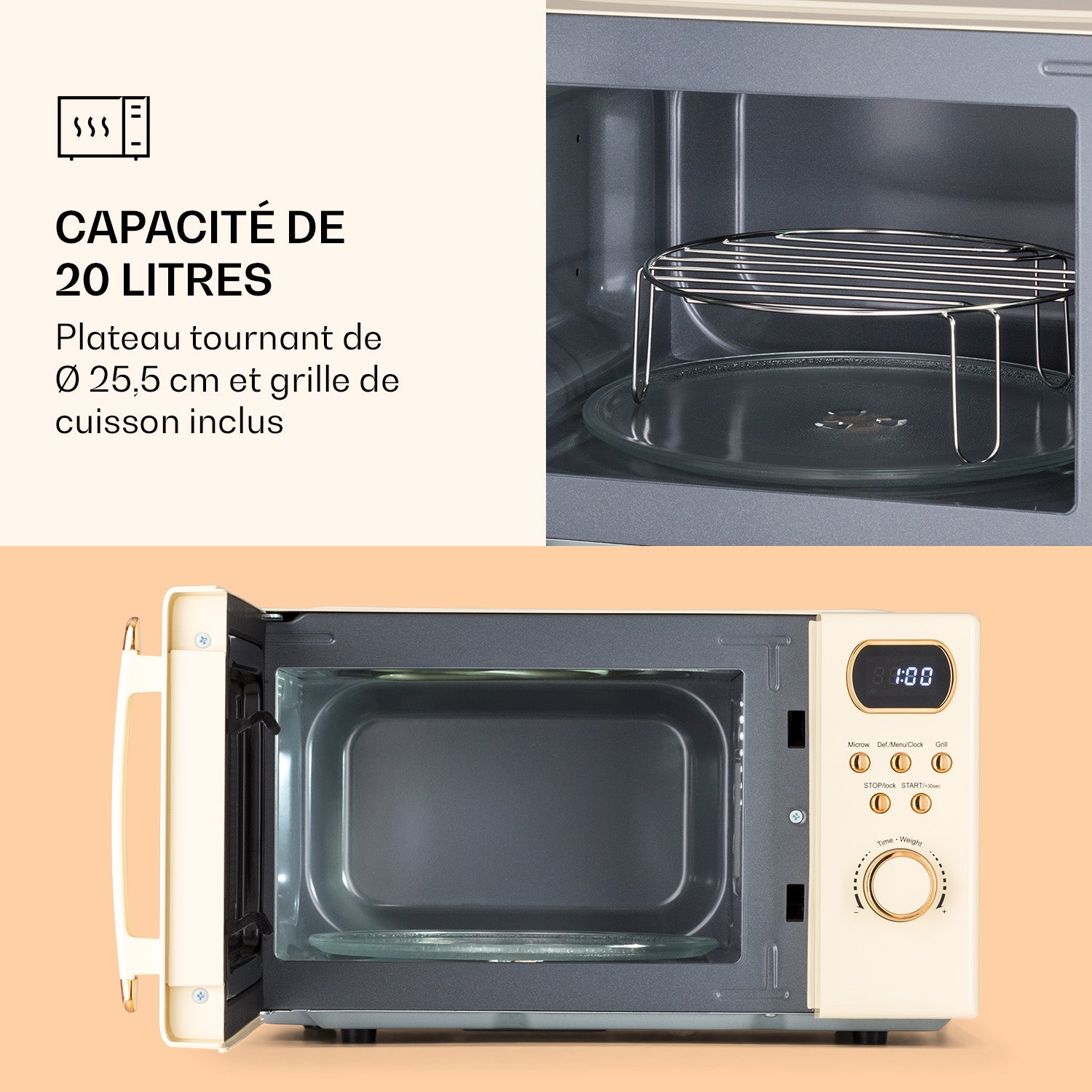 Micro-ondes avec grill - Klarstein julieta 20l - 700 / 800 w - 8&nbsp;programmes - crème - Crème - Crème - 4