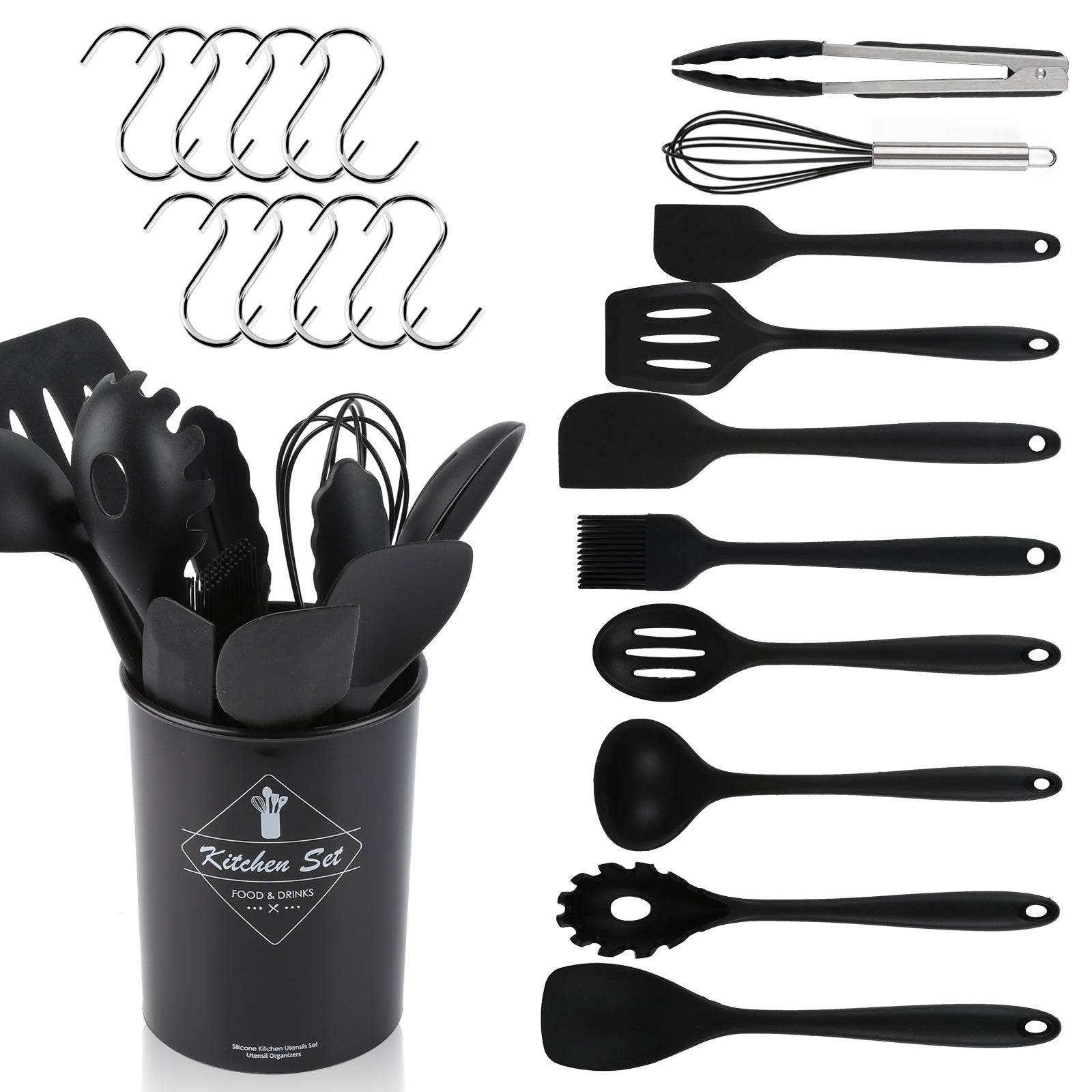 Lychee Ustensiles de Cuisine, 12PCS Kit d'Ustensiles de Cuisine en Silicone et Bois, Ustensiles Cuisine Antiadhésive Set avec Pot de Rangement,Silicone de qualité Alimentaire (Gris