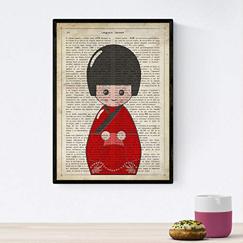 Poster de japonesa kimono rojo. láminas de geishas. diseños japoneses con definiciones de la cultura japonesa. marco negro - a3