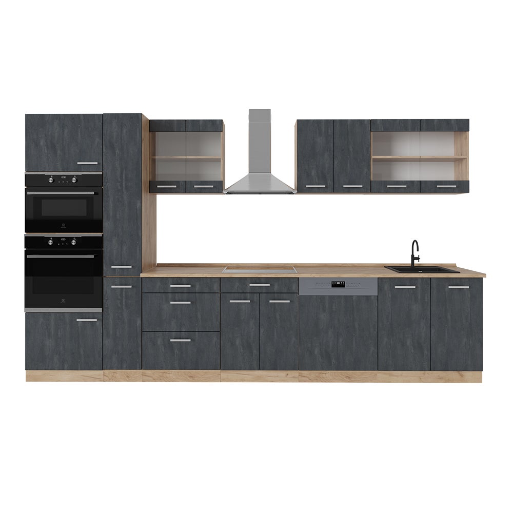 Vicco Kompletna kuchnia R-Line, Czarny beton/złoty dąb, 350 cm , BP Dąb