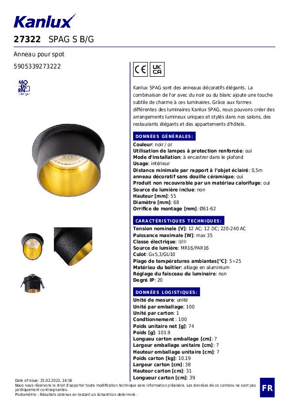 Kanlux SPAG spot encastré alu noir/or GU10 Ø7cm 35W - 9