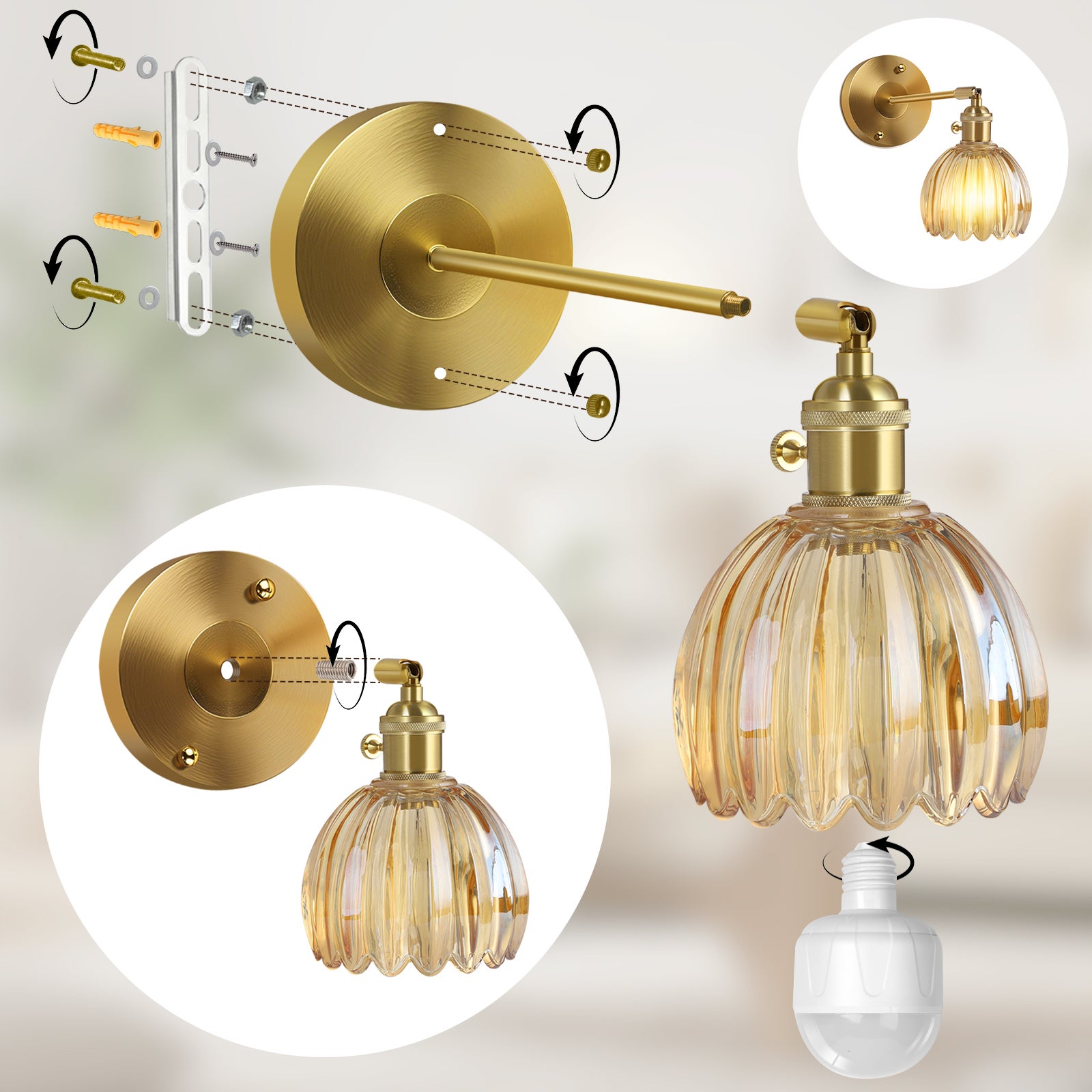 Appliques Murales Vintage Sans Fil - Lot De 2 - LED Rechargeable, Télécommande, Verre Vert - Pour Chambre, Salon - 3