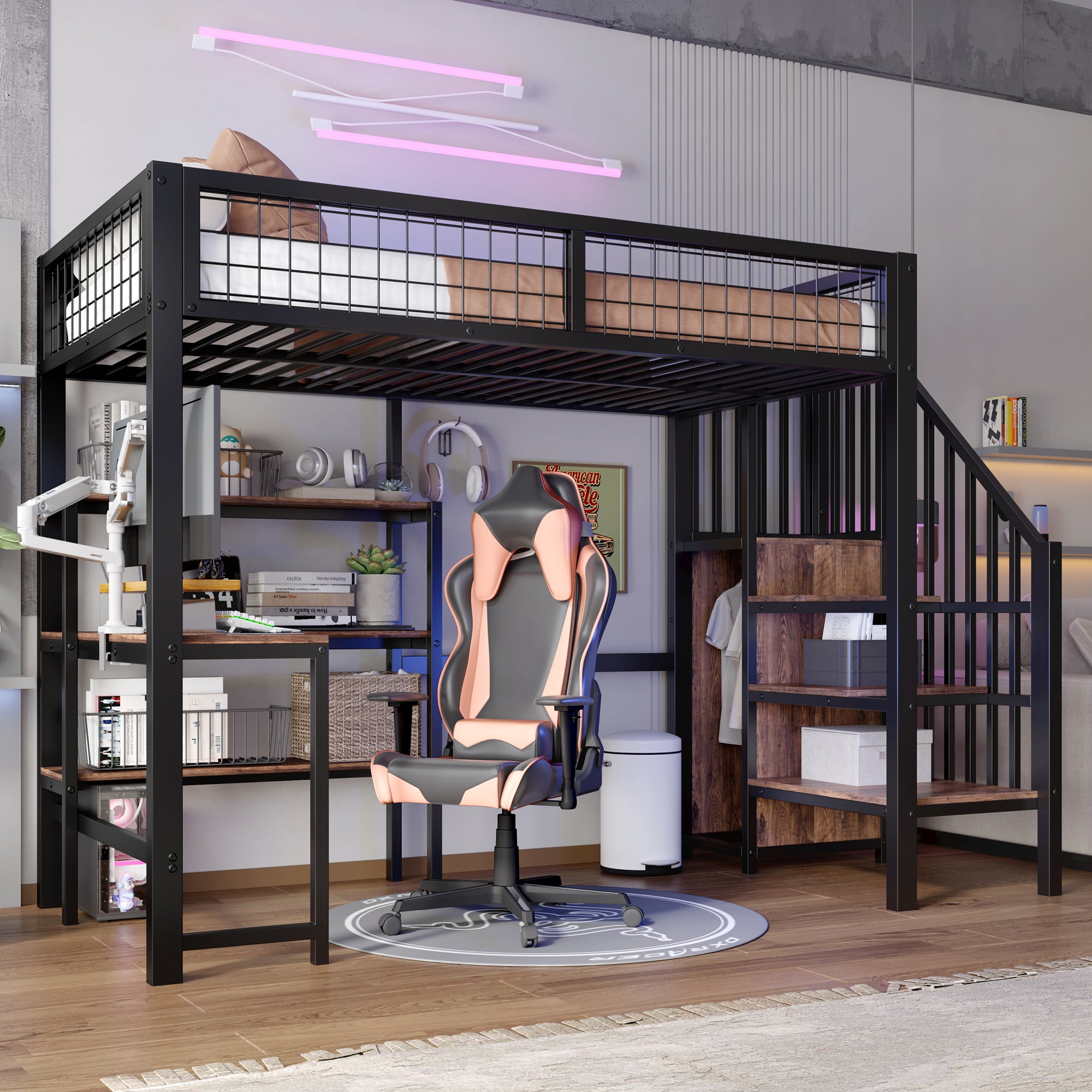 Lit Mezzanine 90x200 cm Noir & Brun - Bureau Intégré, Étagères, Armoire - Structure Métal & MDF (Matelas non inclus) | Leroy Merlin
