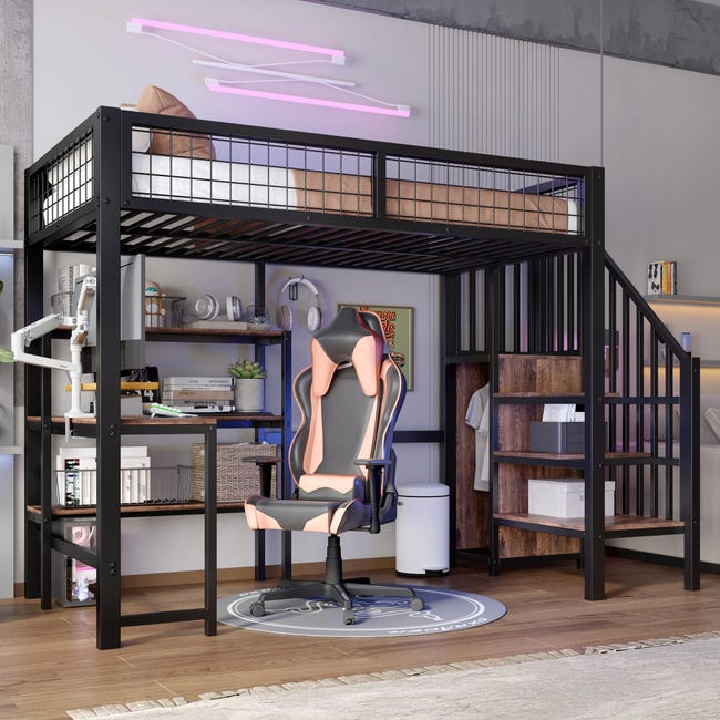 Lit Mezzanine 90x200 cm Noir & Brun - Bureau Intégré, Étagères, Armoire - Structure Métal & MDF (Matelas non inclus) | Leroy Merlin Lit Mezzanine 90x200 cm Noir & Brun - Bureau Intégré, Étagères, Armoire - Structure Métal & MDF (Matelas non inclus) | Leroy Merlin