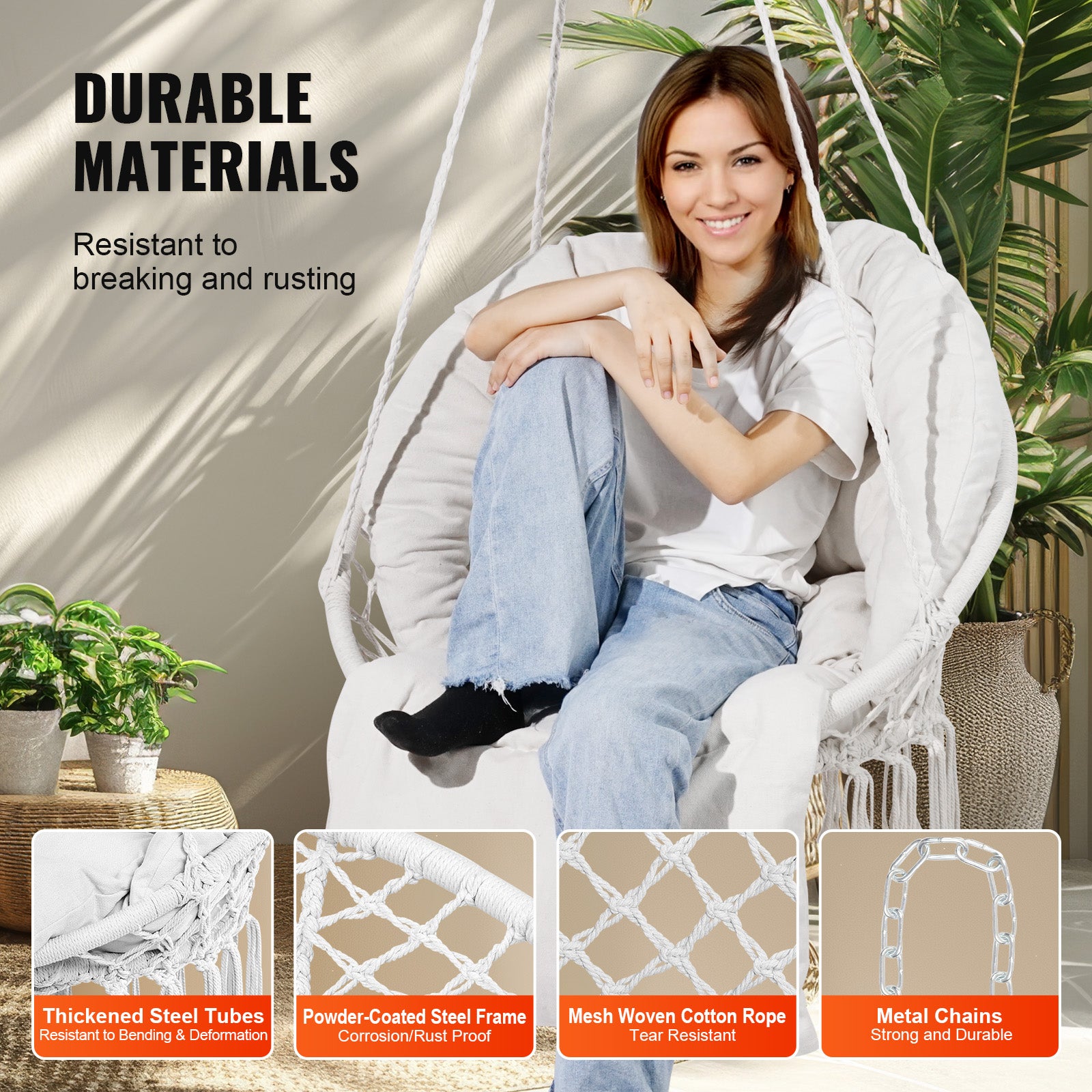 Fauteuil suspendu,VEVOR 150 kg,chaise suspendue pivotante macramé,coussin,matériel montage,corde en coton,chaise relax à franges,pour chambre - 3