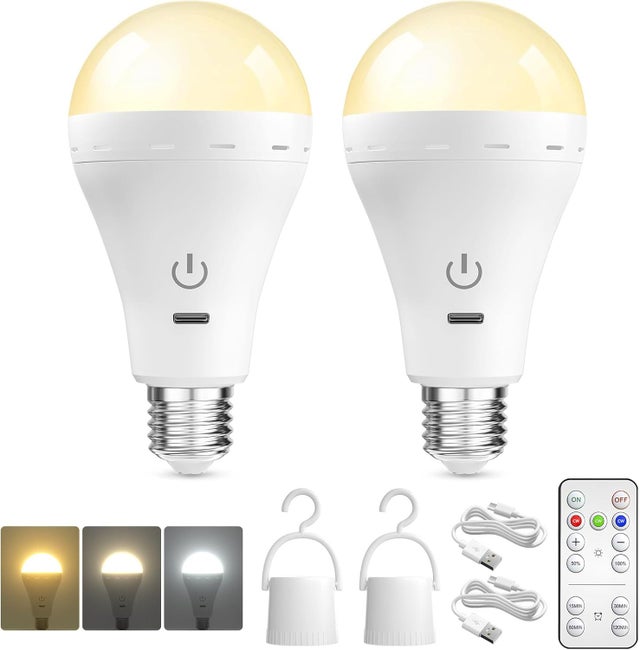 Bombilla recargable con control remoto, regulable en 3 colores, E27, USB, a pilas, de emergencia (paquete de 2)