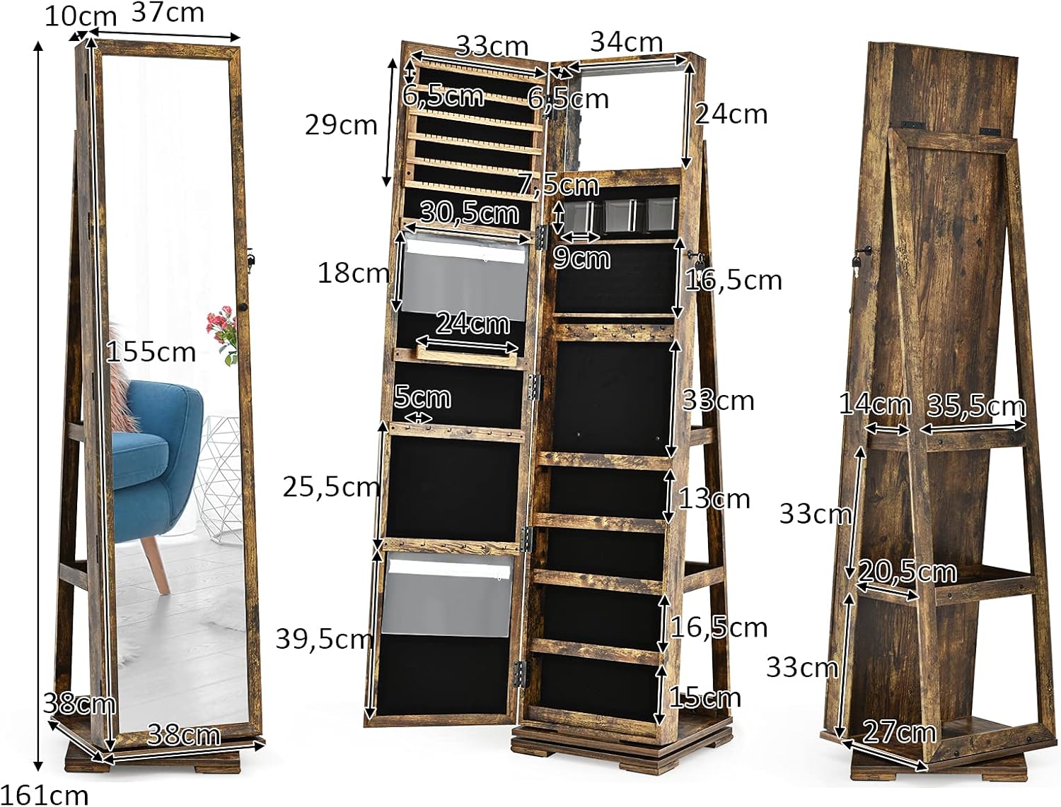 Armoire à Bijoux Pivotante à 360 Degrés sur Pieds,avec Grand Miroir Psyché et Etagère de Rangement à L’Arrière (Vintage) - 3