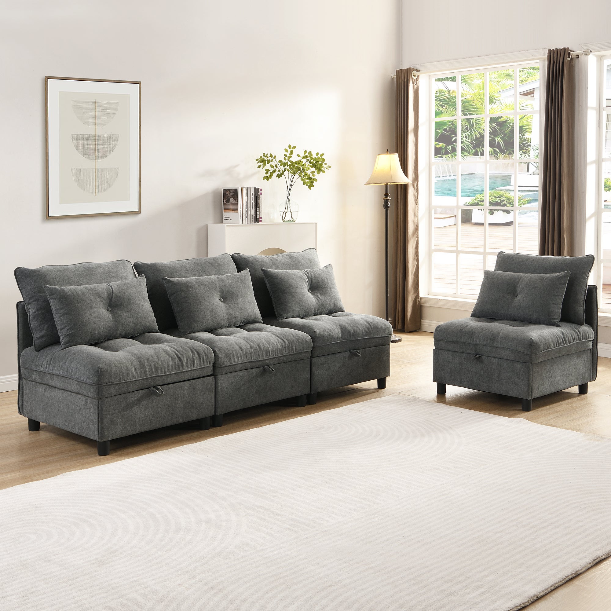 Modułowa sofa 4-osobowa + schowek + tapicerka szenilowa - z funkcją spania - Szara - 4