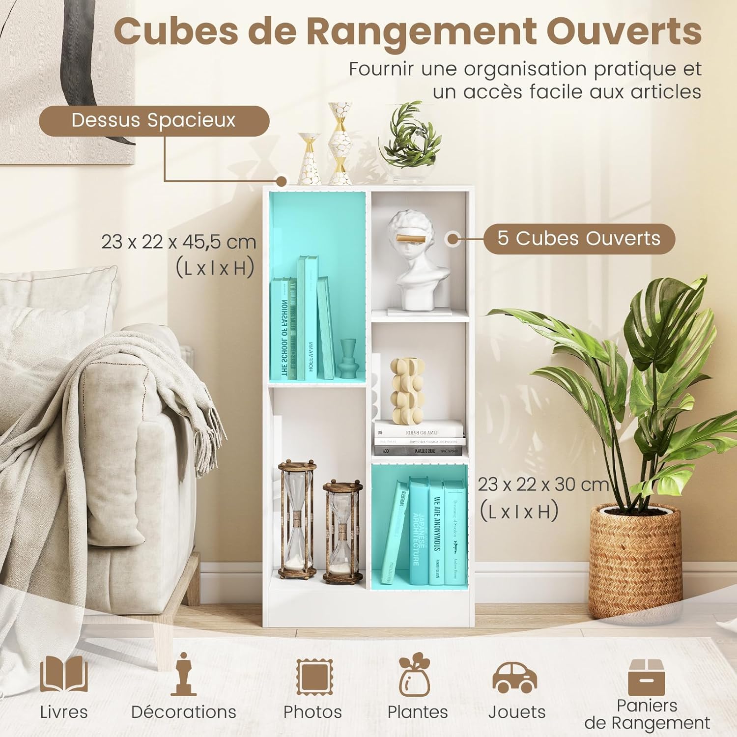 Libreria a 5 Cubi, Organizzatore di Stoccaggio Autoportante a 3 Livelli con 2 Kit Antiribaltamento, Mensola in Legno per Soggiorno Camera da L - 6