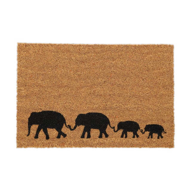 Relaxdays Paillasson coco 60x40 cm, tapis avec éléphants, antidérapant, résistant, intérieur, extérieur, nature - noir