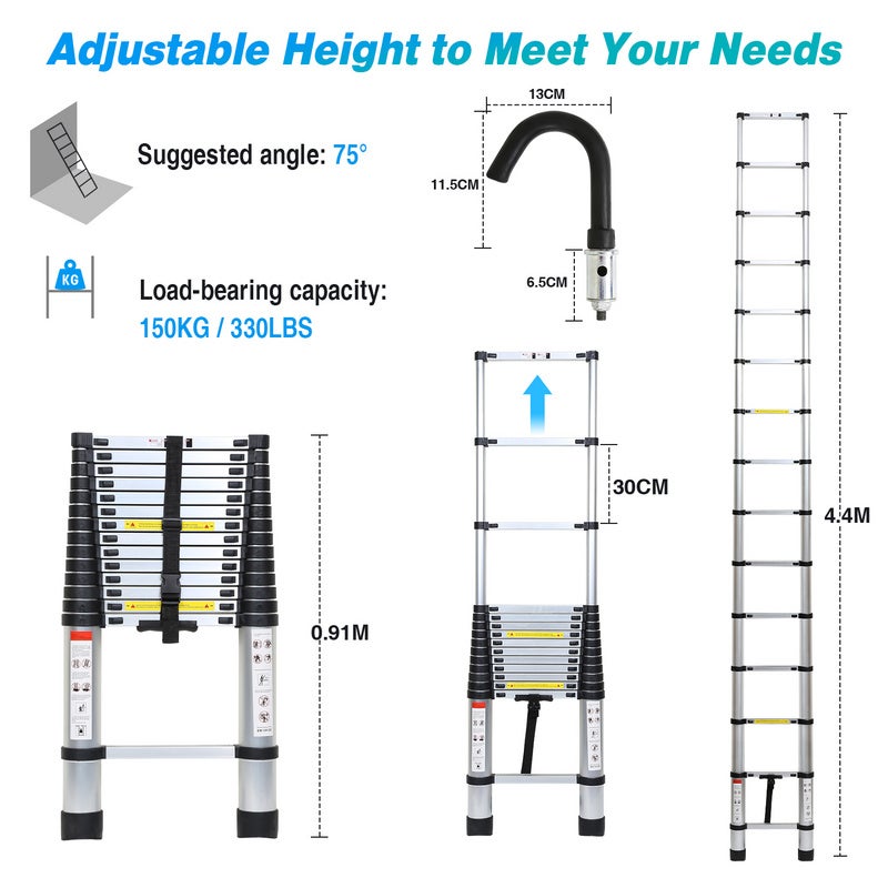 Echelle télescopique Aluminium Echelle multi-usage 4.4M Argent avec crochet Stabil Aluminium Echelle double jusqu'à 150kg - 2