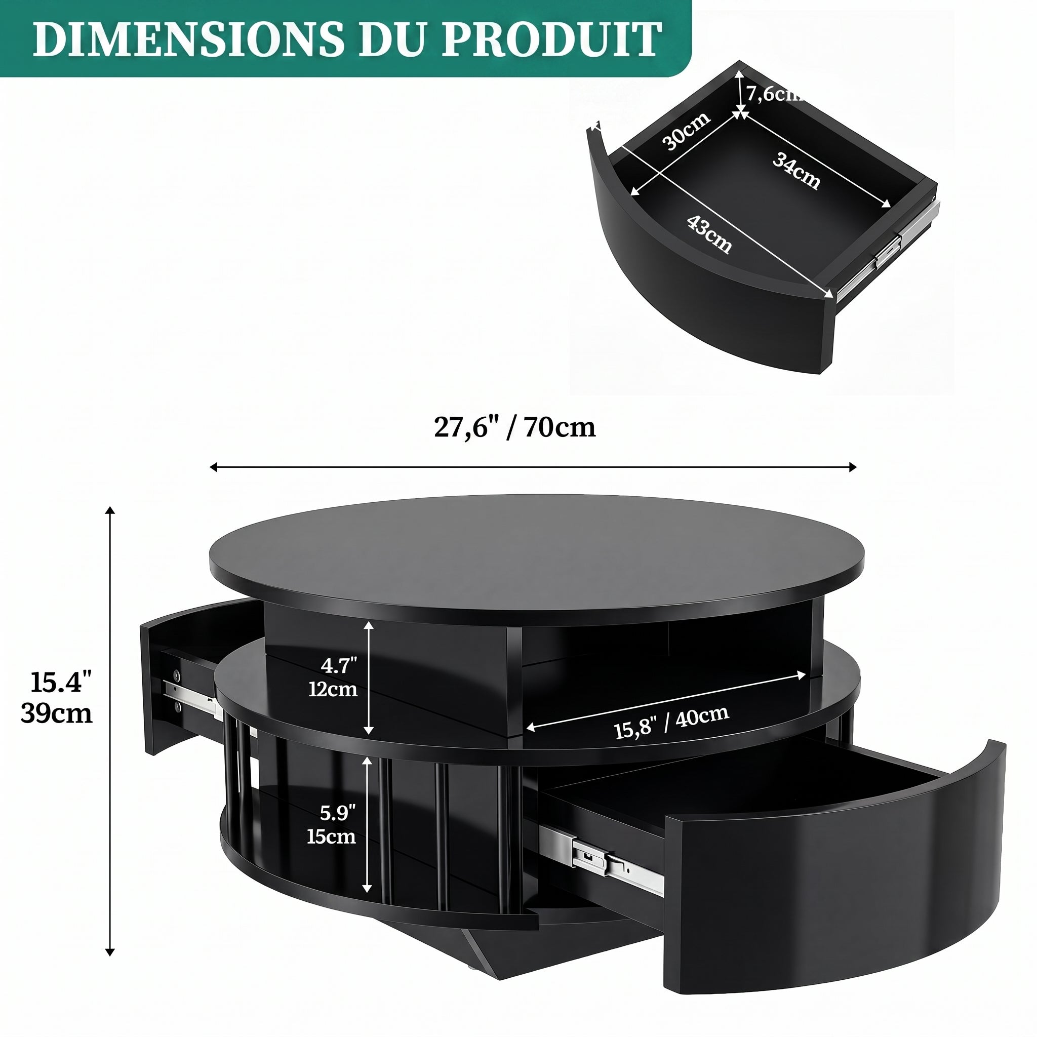 YITAHOME Table Basse Ronde Moderne LED 70cm, 2 Niveaux et 2 Tiroirs, Design Canné, Table d'Accent Salon, Noir - 4