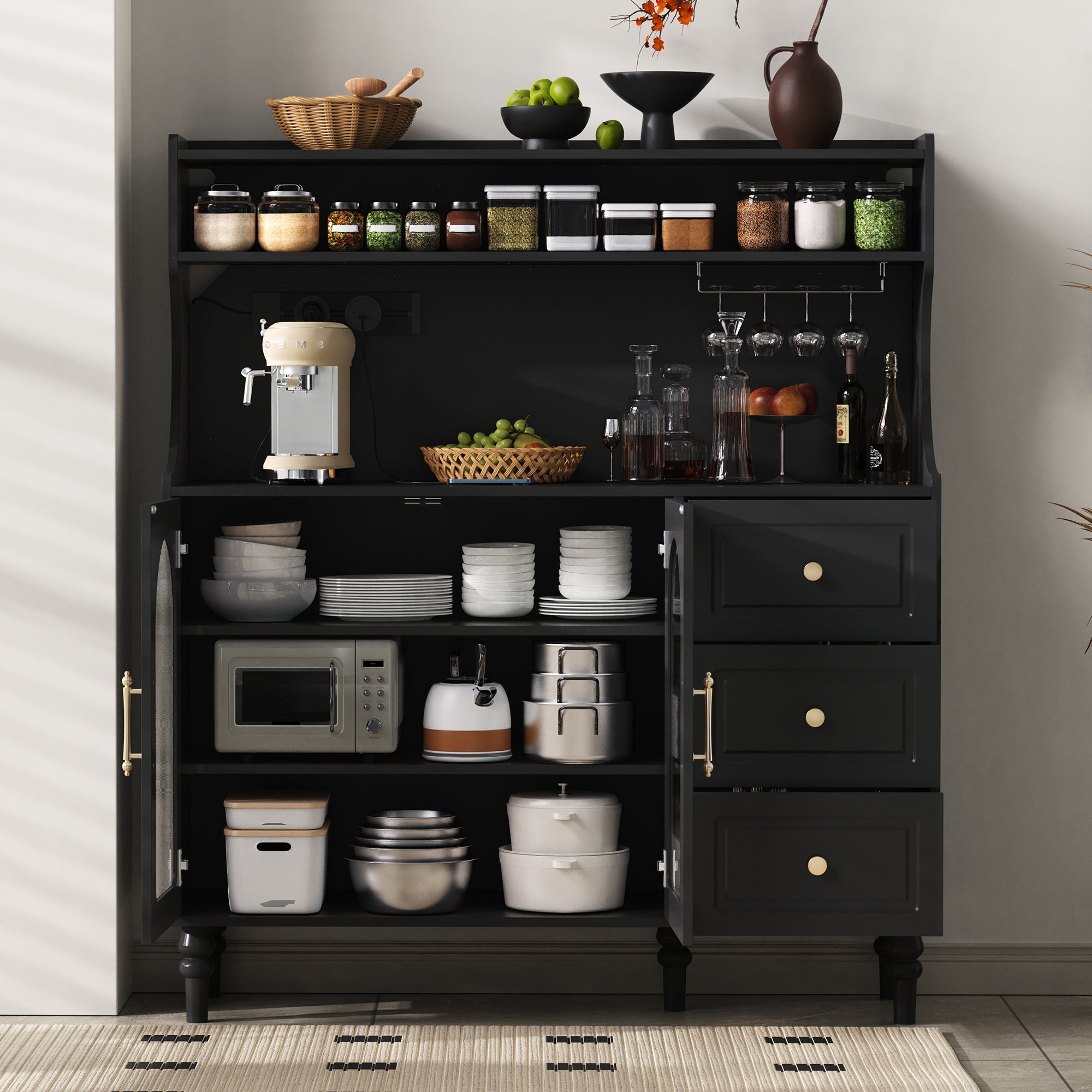 Kredens kuchenny z 2 szklanymi drzwiami, 3 szufladami i portem ładowania - 120 x 40 x 184 cm - Płyta MDF i płyta wiórowa - Regulowane półki - Czarny - 3