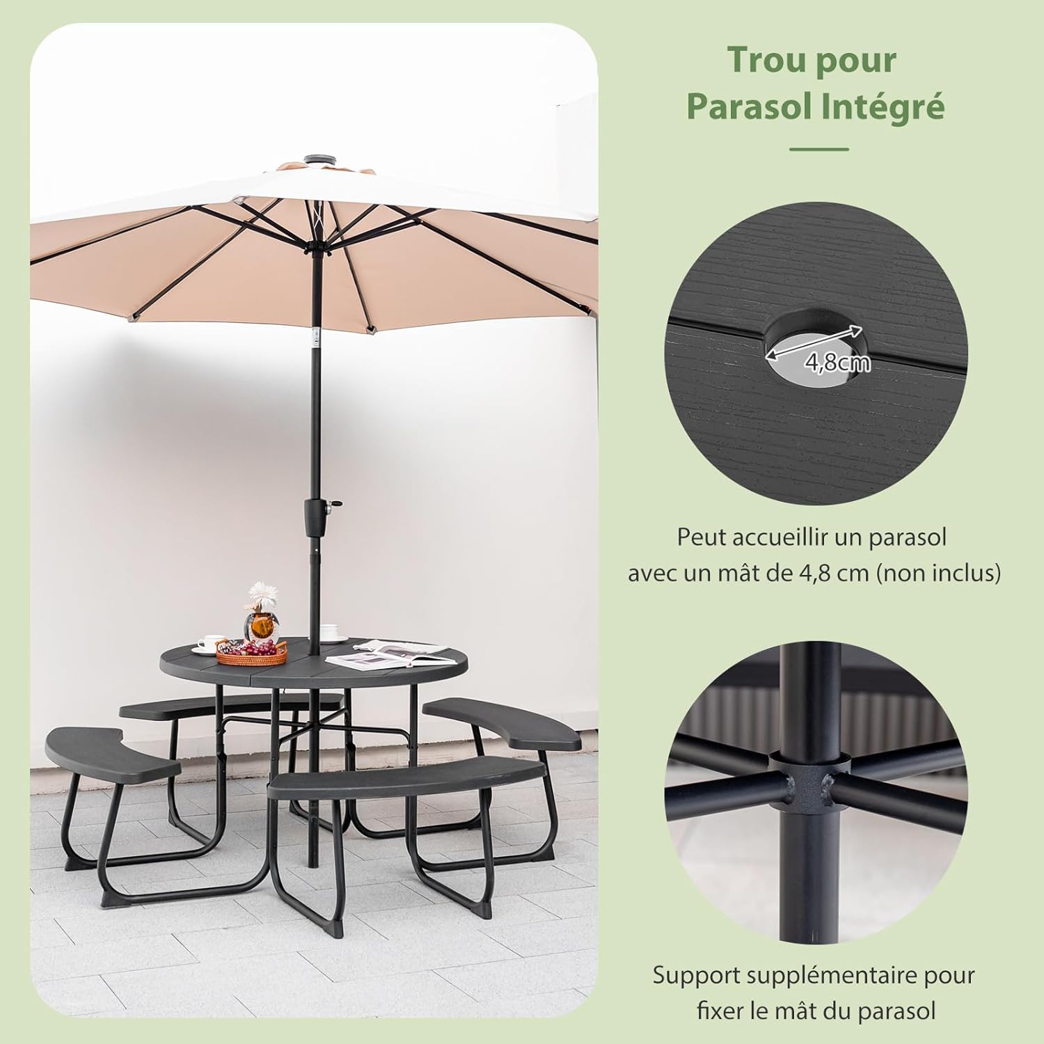 Table de Pique-Nique avec 4 Bancs Intégrés, Trou de Parasol, Cadre en Acier, Plateau HDPE pour 8 Personnes - 7