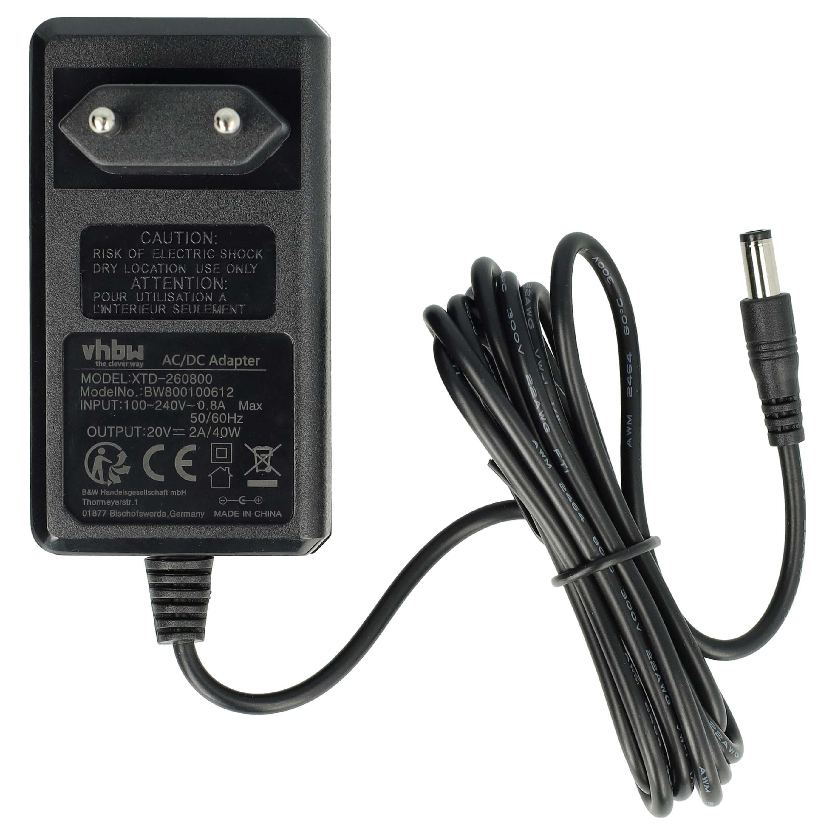 Vhbw Alimentatore 20V 2A (40W) Per Notebook Datron Mobee N011 – Spina 5.28/2.88mm, 125cm, Nero - 5