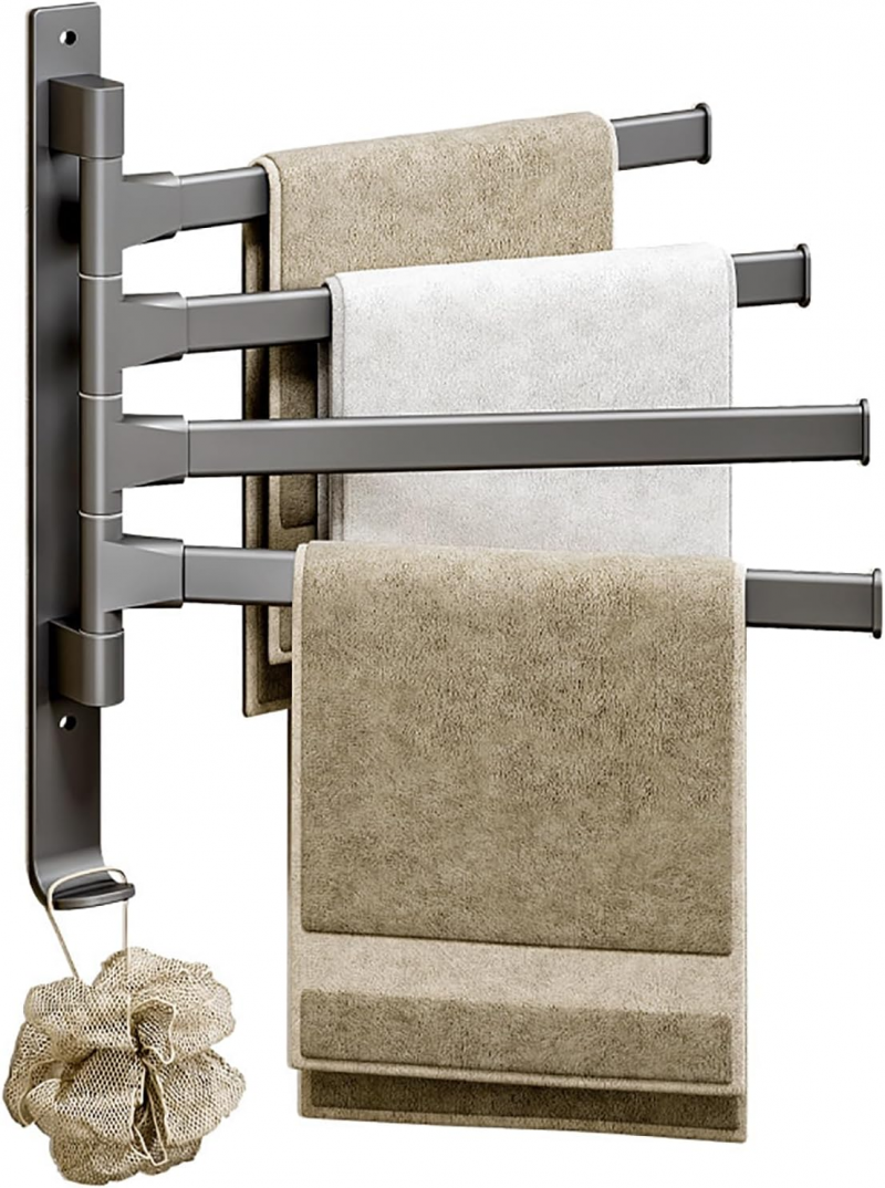 Wieszak na ręczniki łazienkowe z 4 obrotowymi drążkami o 180°, wieszak na ręczniki bez wiercenia, montowany na ścianie