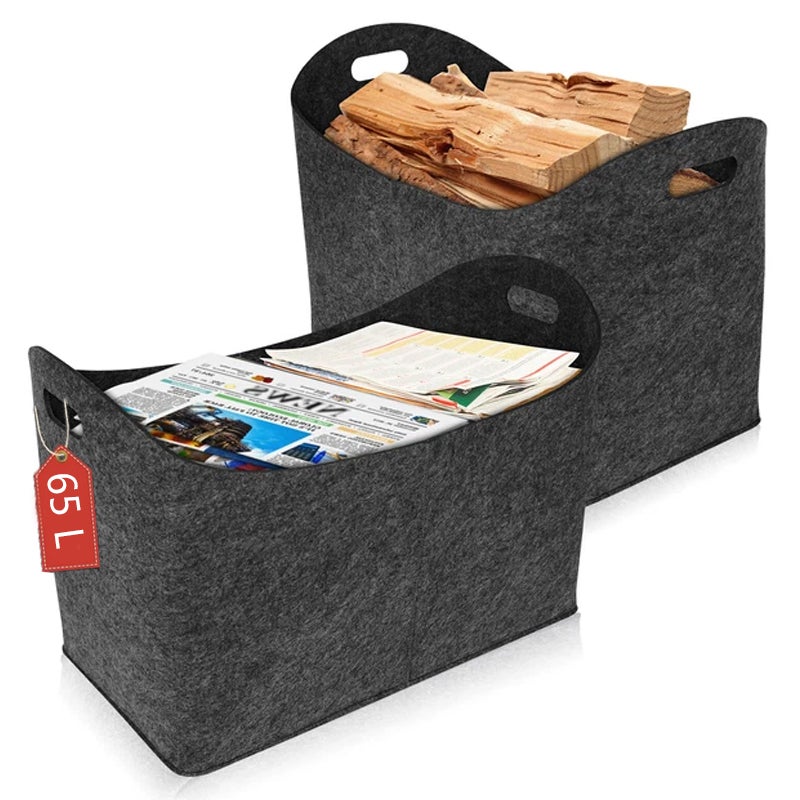 2 x Pojemnik do przechowywania 65L z uchwytami - Składany kosz na drewno z filcu - Organizacja salonu na zabawki, koce, gazety (55x30x40 cm)