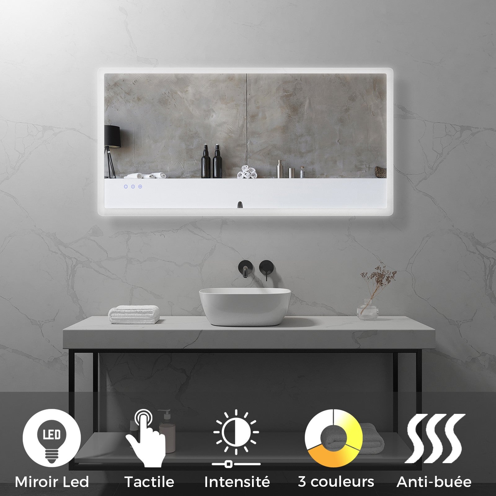 Miroir De Salle De Bain LED Anti-buée 140x80 Cm - Éclairage Dimmable, Mémoire, IP44, Verre Sans Plomb - Installation Murale Facile, Design Moderne Cassiopée